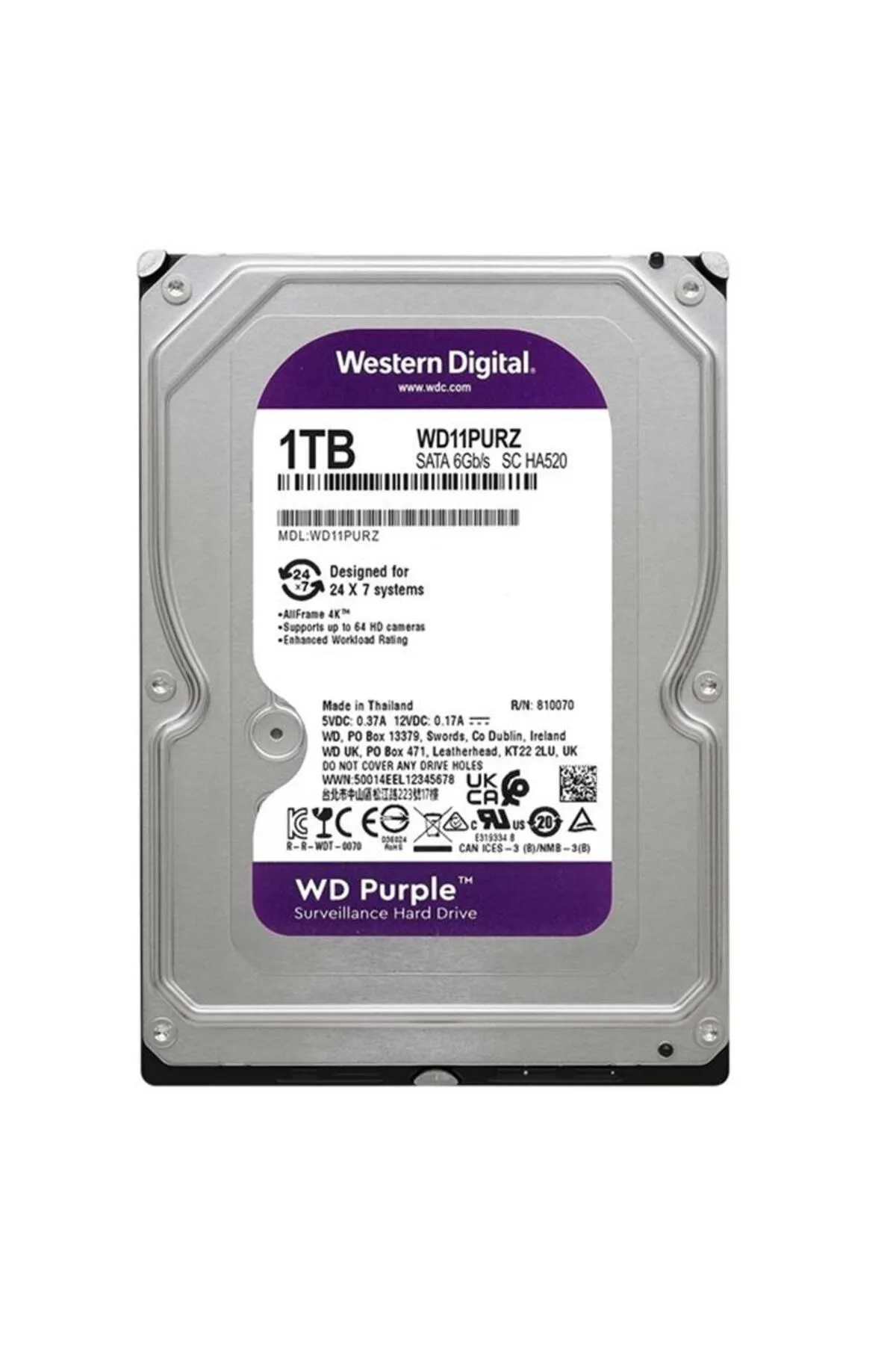 WD 1 Tb 3.5 Purple Sata3 5400rpm 64mb 7/24 Guvenlık 11purz (3 YIL RESMI DIST GARANTILI)