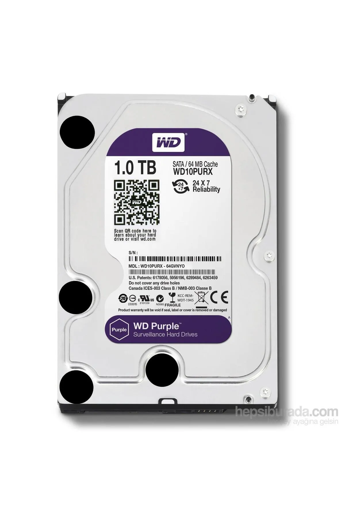 WD 1 TB WD 3.5 PURPLE SATA3 5400RPM 64MB 7/24 GUVENLIK WD10PURZ (3 YIL RESMI DIST GARANTILI)