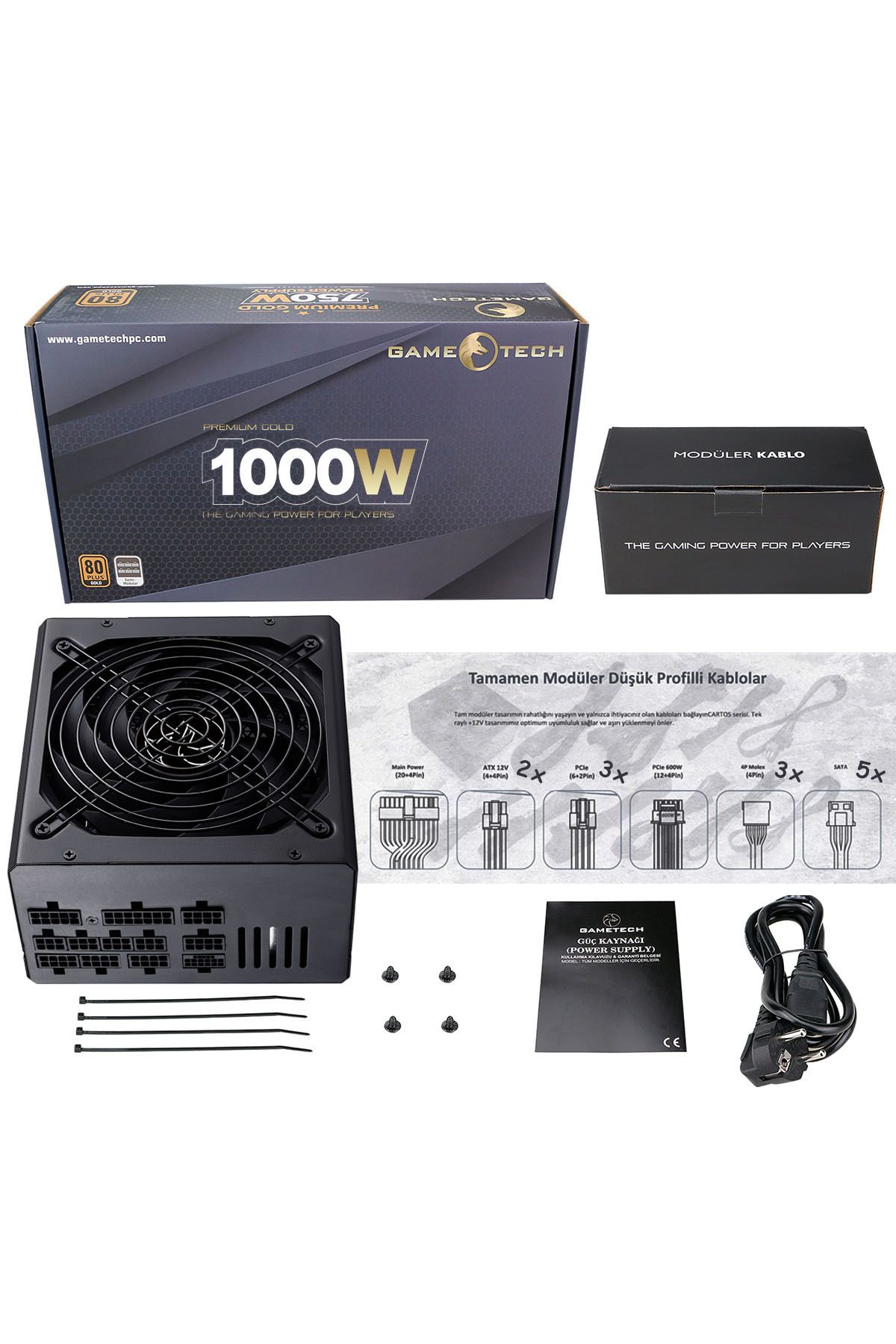 Gametech 1000W 80 Plus Gold Atx 3.0 Pcıe 5.0 Full Moduler 140mm Fan Atx Güç Kaynağı