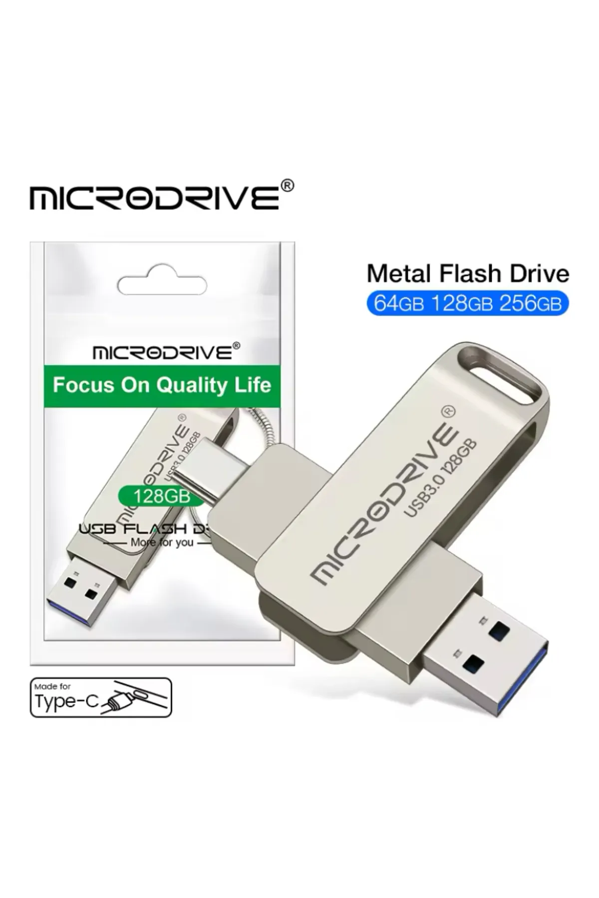 MicroDrive 128 GB FLAŞ BELLEK USB MİNİ METAL 3,0 ÇİFT BAŞLIK TYP-C GÜMÜŞ USB DEPOLAMA