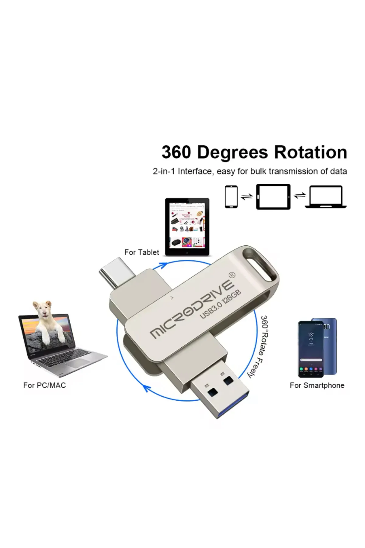 MicroDrive 128 GB FLAŞ BELLEK USB MİNİ METAL 3,0 ÇİFT BAŞLIK TYP-C GÜMÜŞ USB DEPOLAMA