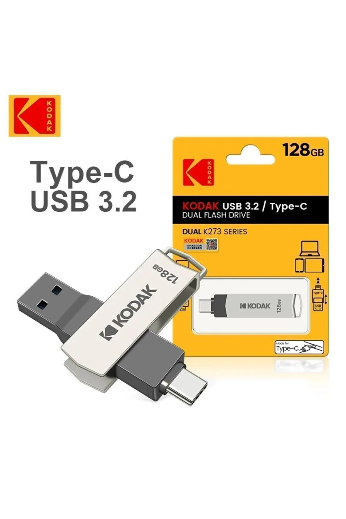 Kodak 128gb. K273 Type-c Ve Usb 3.2 Süper Hızlı Type-c Girişli Tüm Telefonlara Iphone Serisine Uygun