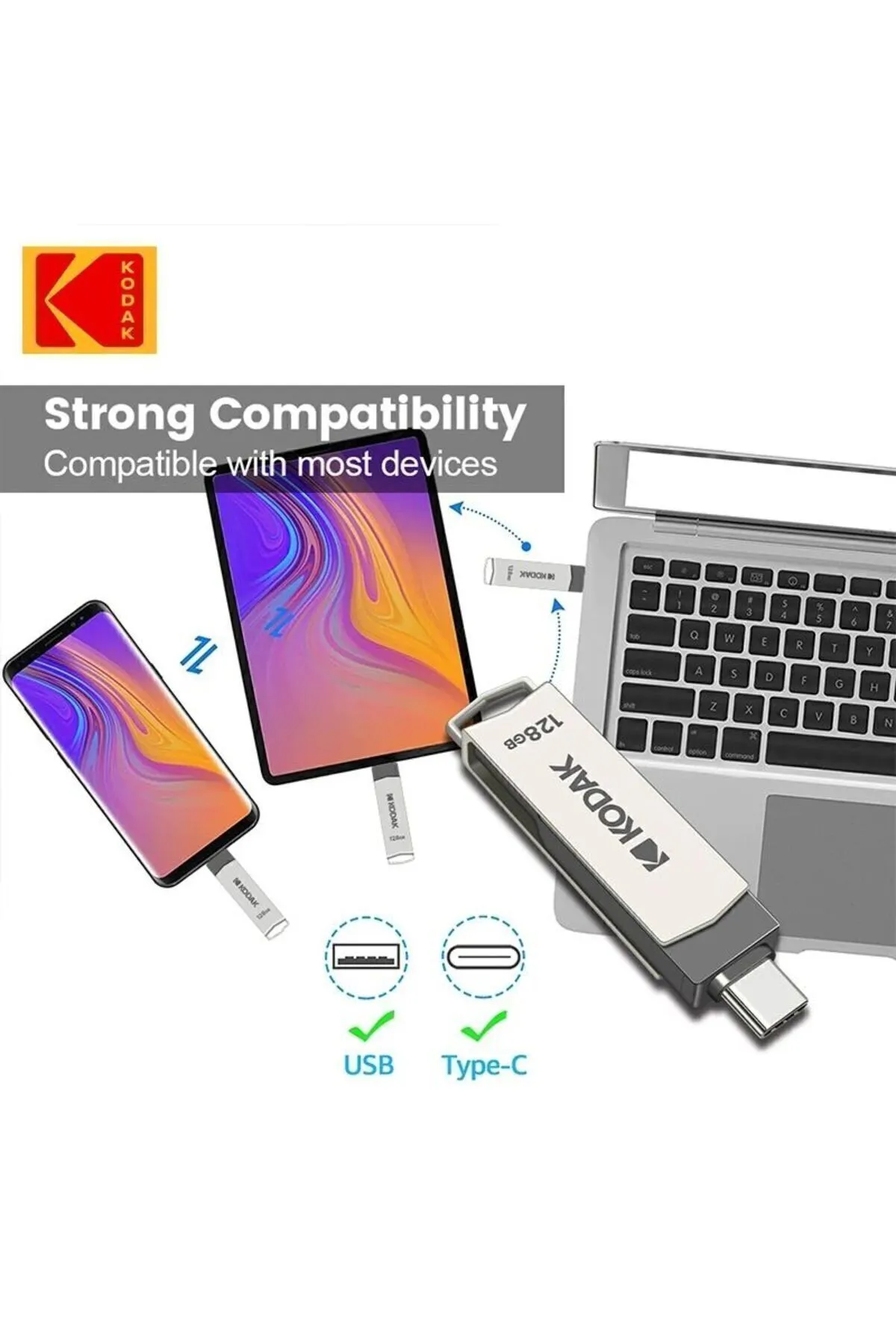 Kodak 128gb. K273 Type-c Ve Usb 3.2 Süper Hızlı Type-c Girişli Tüm Telefonlara Iphone Serisine Uygun