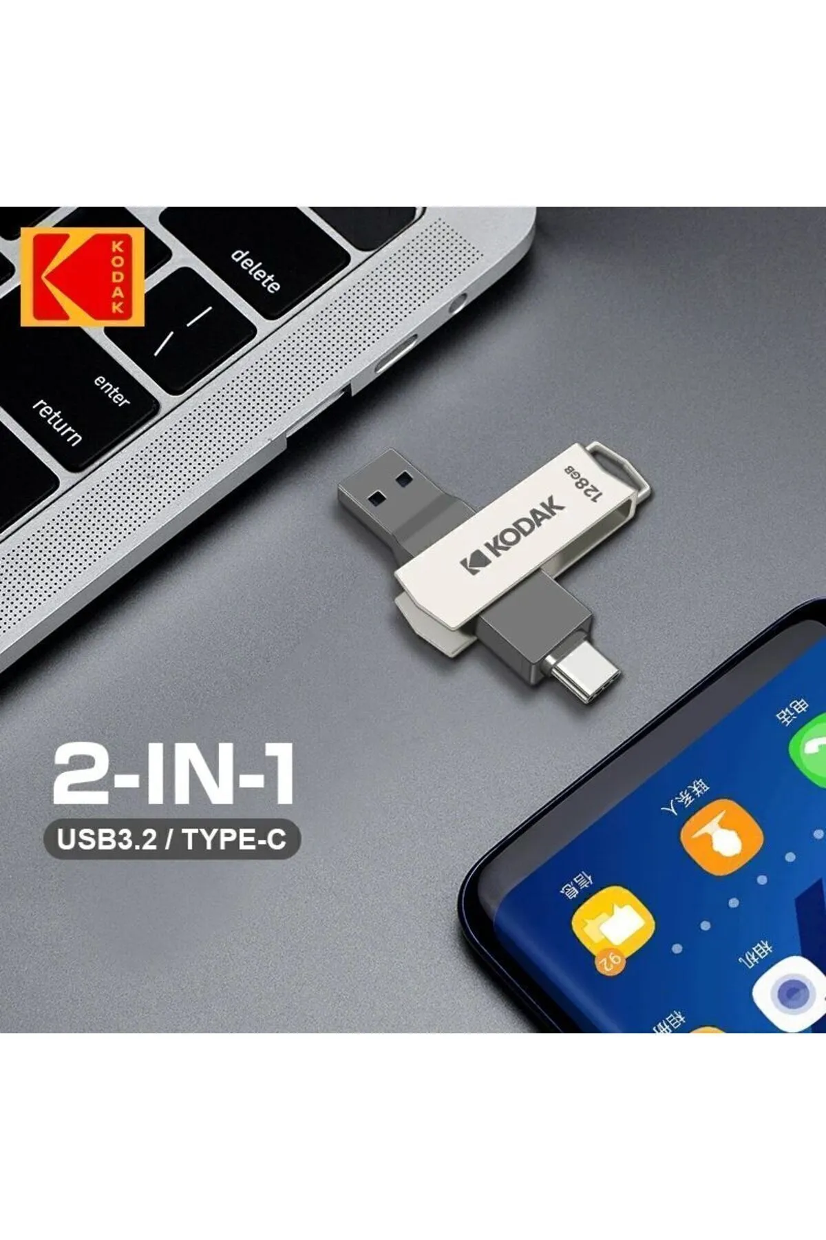 Kodak 128gb. K273 Type-c Ve Usb 3.2 Süper Hızlı Type-c Girişli Tüm Telefonlara Iphone Serisine Uygun