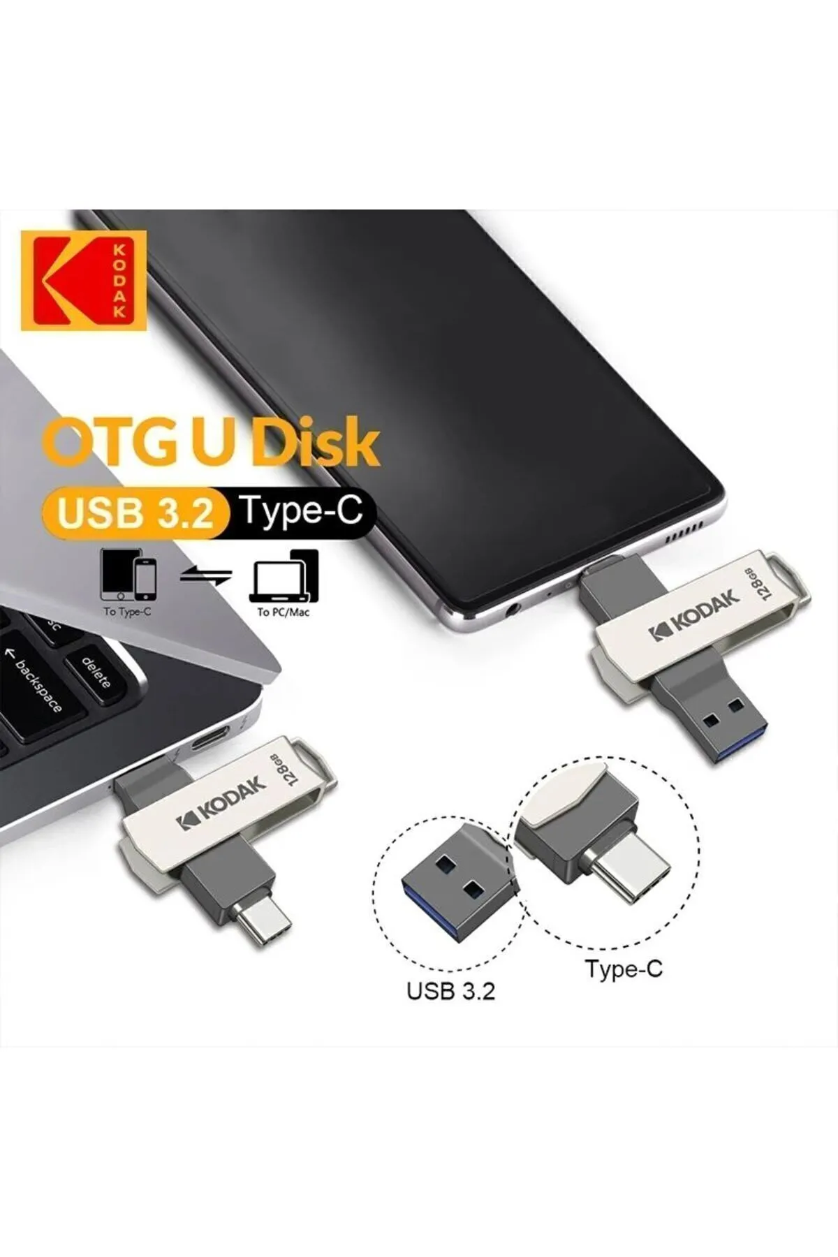 Kodak 128gb. K273 Type-c Ve Usb 3.2 Süper Hızlı Type-c Girişli Tüm Telefonlara Iphone Serisine Uygun