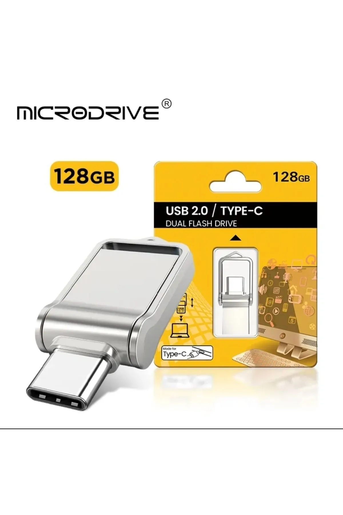 MicroDrive 128gb. Type-c Ve Usb 2.0 Flash Bellek Otg Çift Giriş Metal Sağlam Orginal