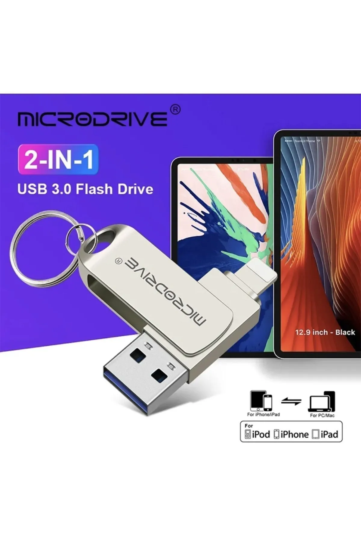 MicroDrive 128gb.iphone Lightning Ve Usb 3.0 Usb Flash Bellek Otg Çift Girişli Metal Sağlam Orginal