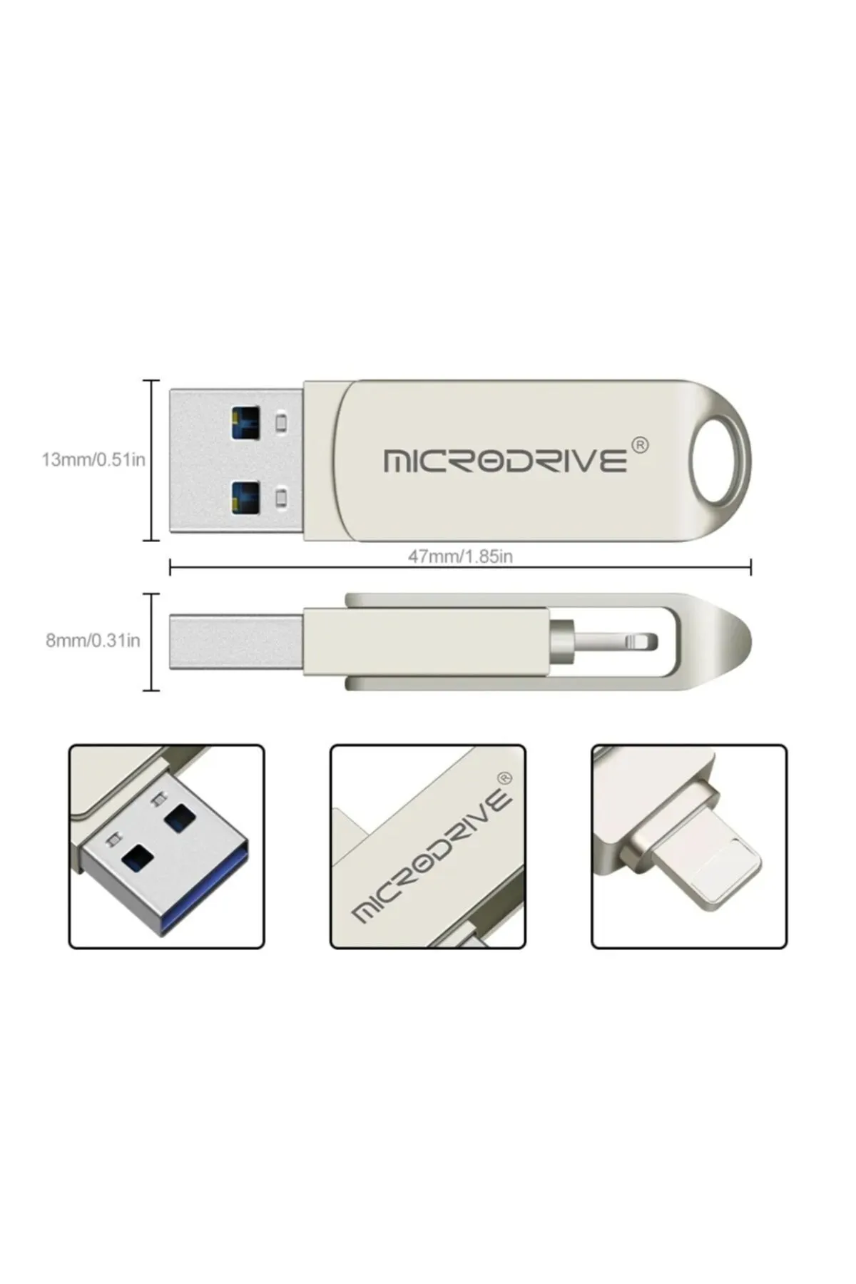 MicroDrive 128gb.iphone Lightning Ve Usb 3.0 Usb Flash Bellek Otg Çift Girişli Metal Sağlam Orginal