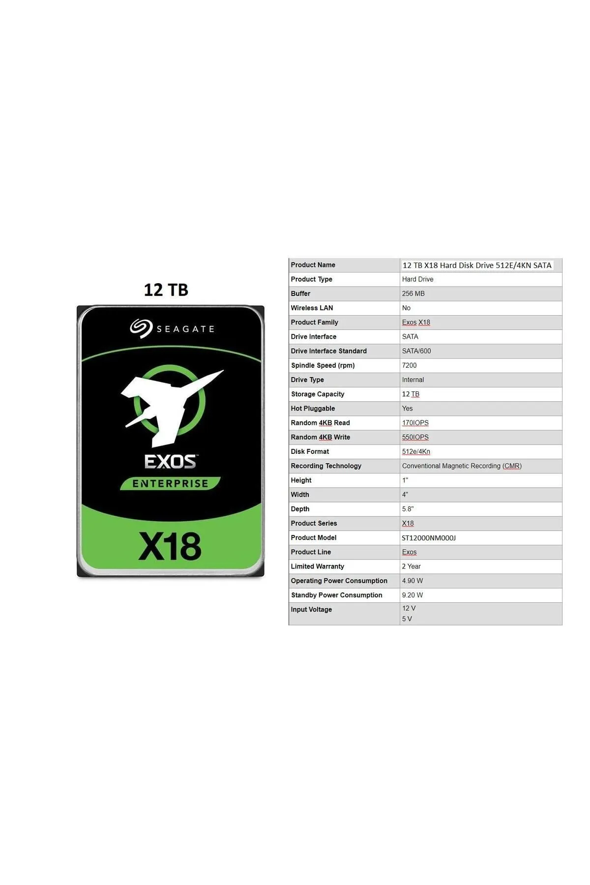 Seagate 12tb Exos X18 St12000nm000j Hard Disk Drive 512e/4kn Sata