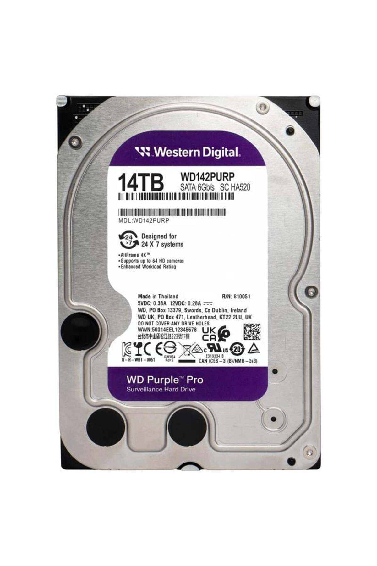 WESTERN DIGITAL 14 TB WD 3.5 PURPLE SATA3 7200RPM 512MB 7/24 GUVENLIK WD142PURP (3 YIL RESMI DIST GARANTILI)