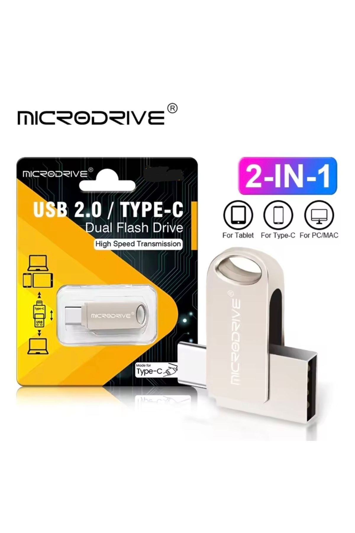 MicroDrive 16Gb.Type-C ve Usb 2.0 Usb Flash Bellek Çift Giriş Otg Metal