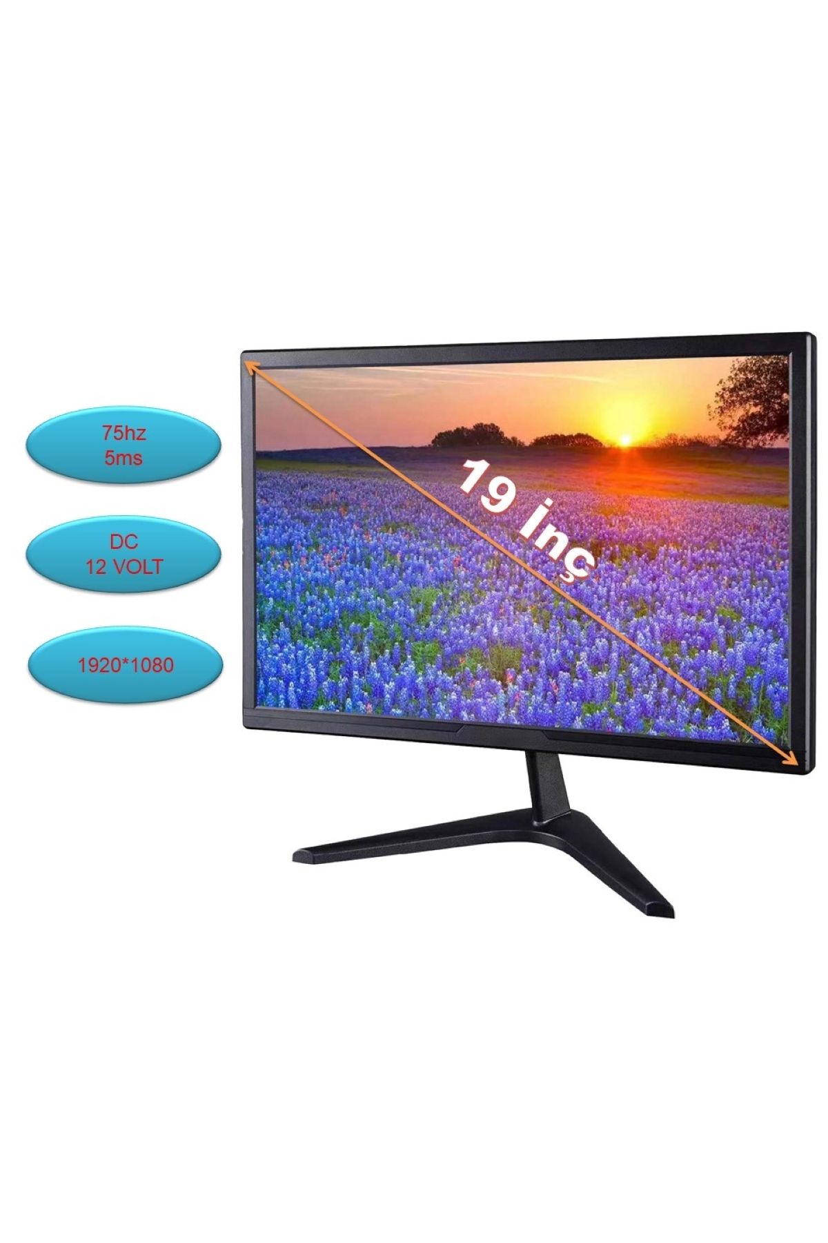 MPIA 19'' Monitör, 1920x1080 Çözünürlük, 5ms Tepki Süresi, 75Hz , HDMI & VGA, 12 Volt, Full HD