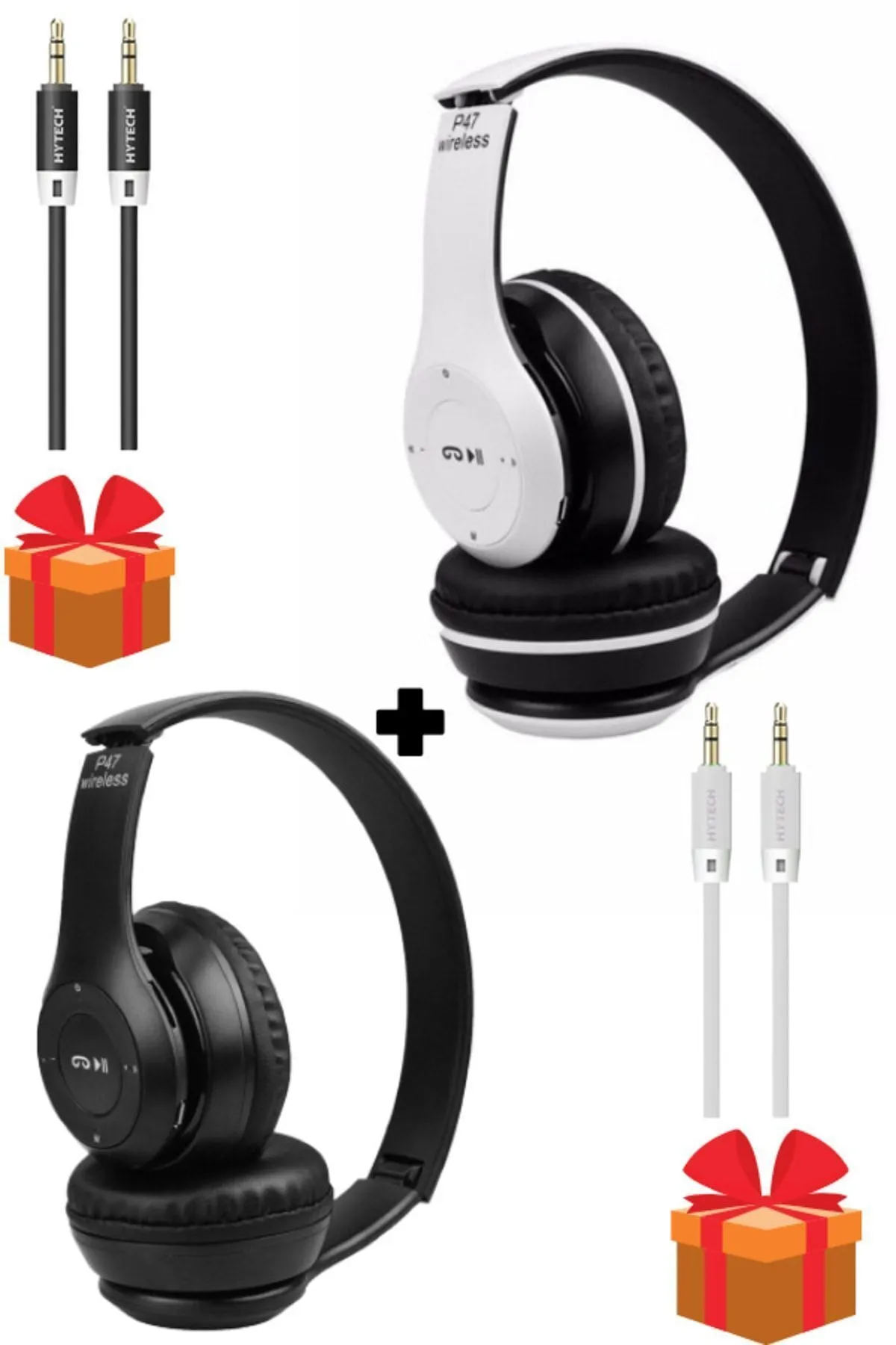 10numara 2 Adet Siyah Beyaz 5.0 Edr P47 Extra Bass Wireless Bluetooth Kulaklık + 2 Adet Aux Tf Kart Girişli