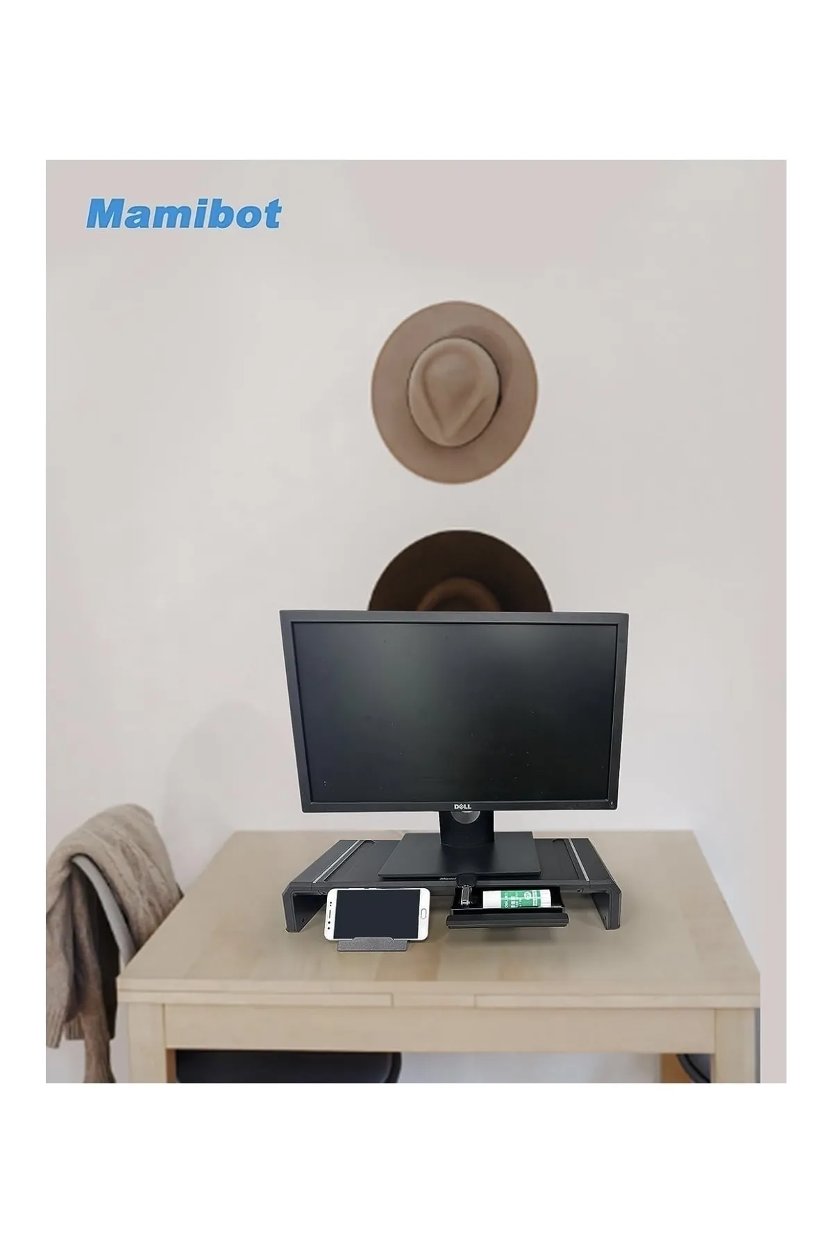 Mamibot 2 Paket Bilgisayar Standı, Depolama Çekmeceli Çift Monitör Yükseltici