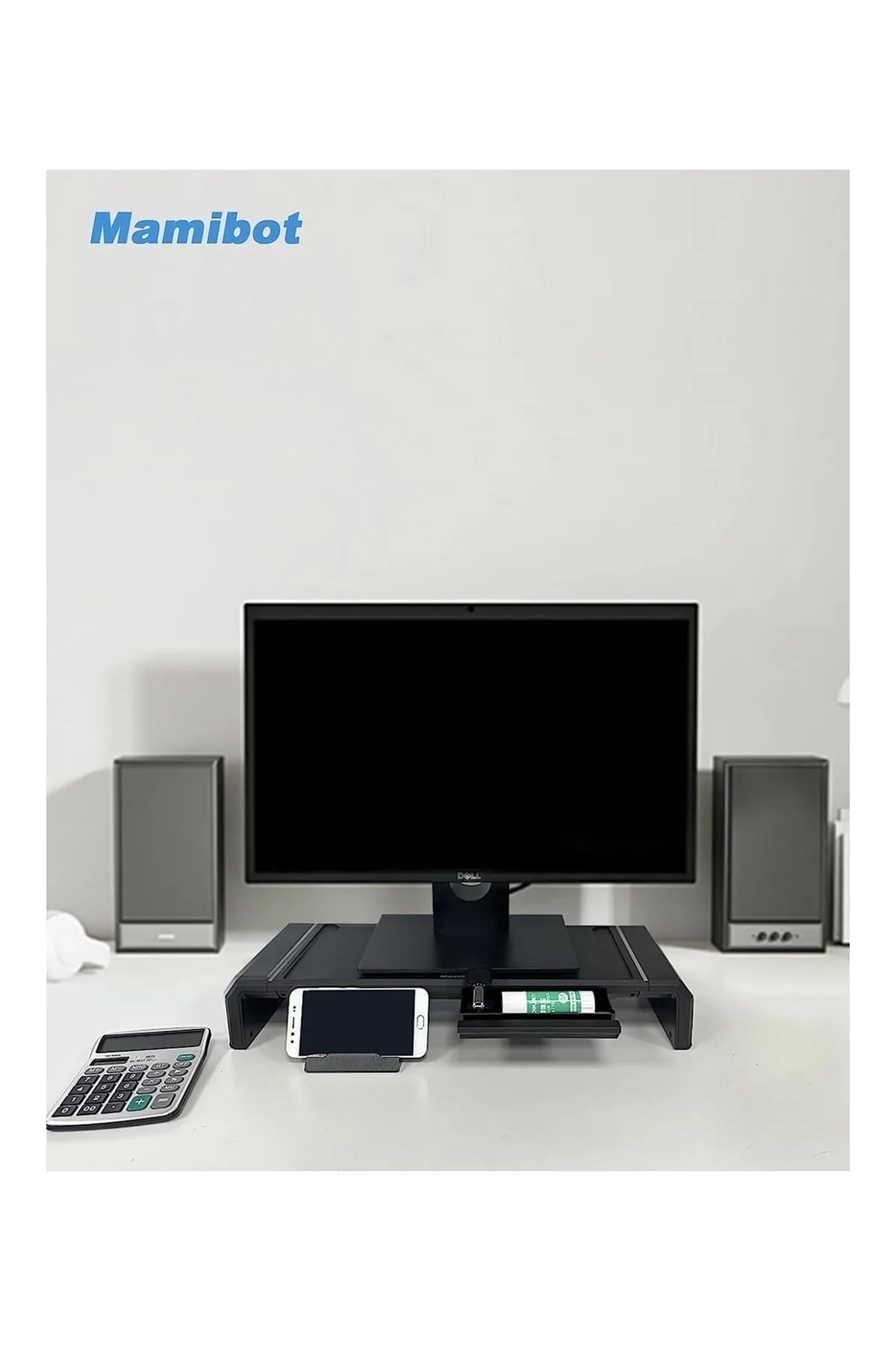 Mamibot 2 Paket Bilgisayar Standı, Depolama Çekmeceli Çift Monitör Yükseltici