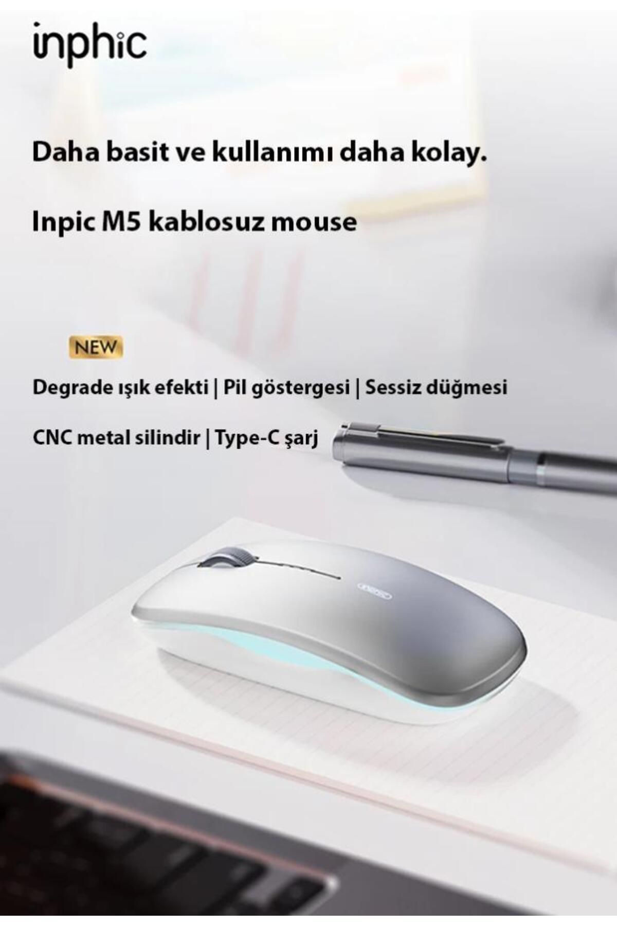 Polham 2.4g Şarj Edilebilir Süper Sessiz Ultra Ince Mouse, Şık Işıklı, Metal Silindirli Mouse