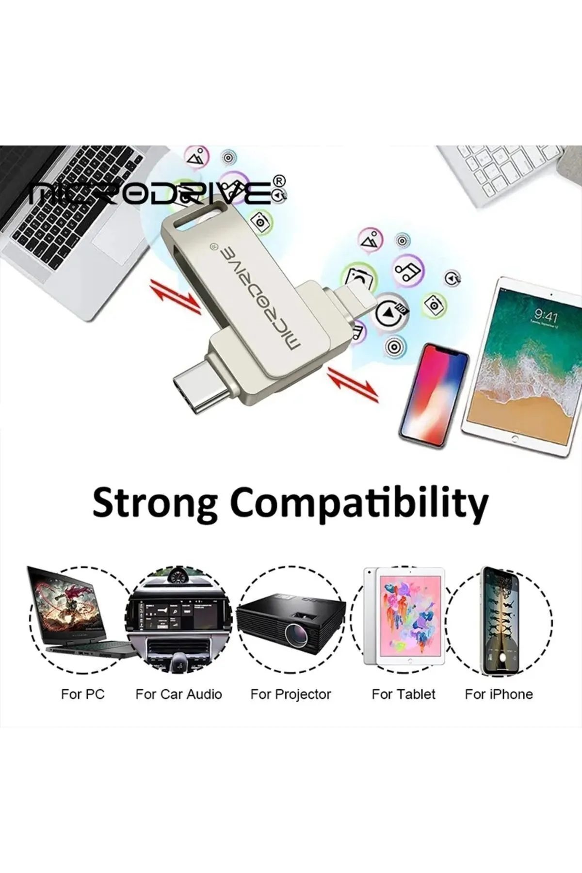 MicroDrive 256gb. Iphone Lightning Ve Type-c Flash Bellek Otg Çift Taraflı Metal Sağlam Orginal