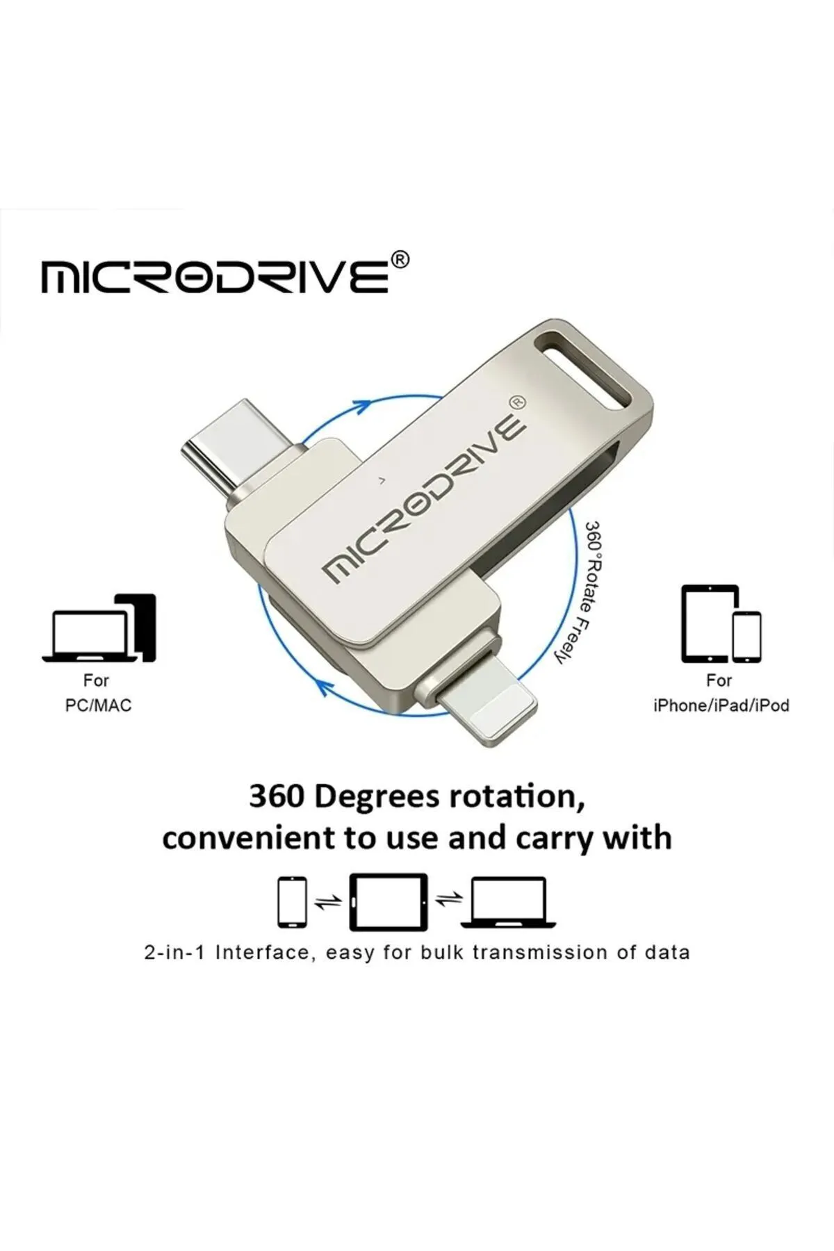 MicroDrive 256gb. Iphone Lightning Ve Type-c Flash Bellek Otg Çift Taraflı Metal Sağlam Orginal