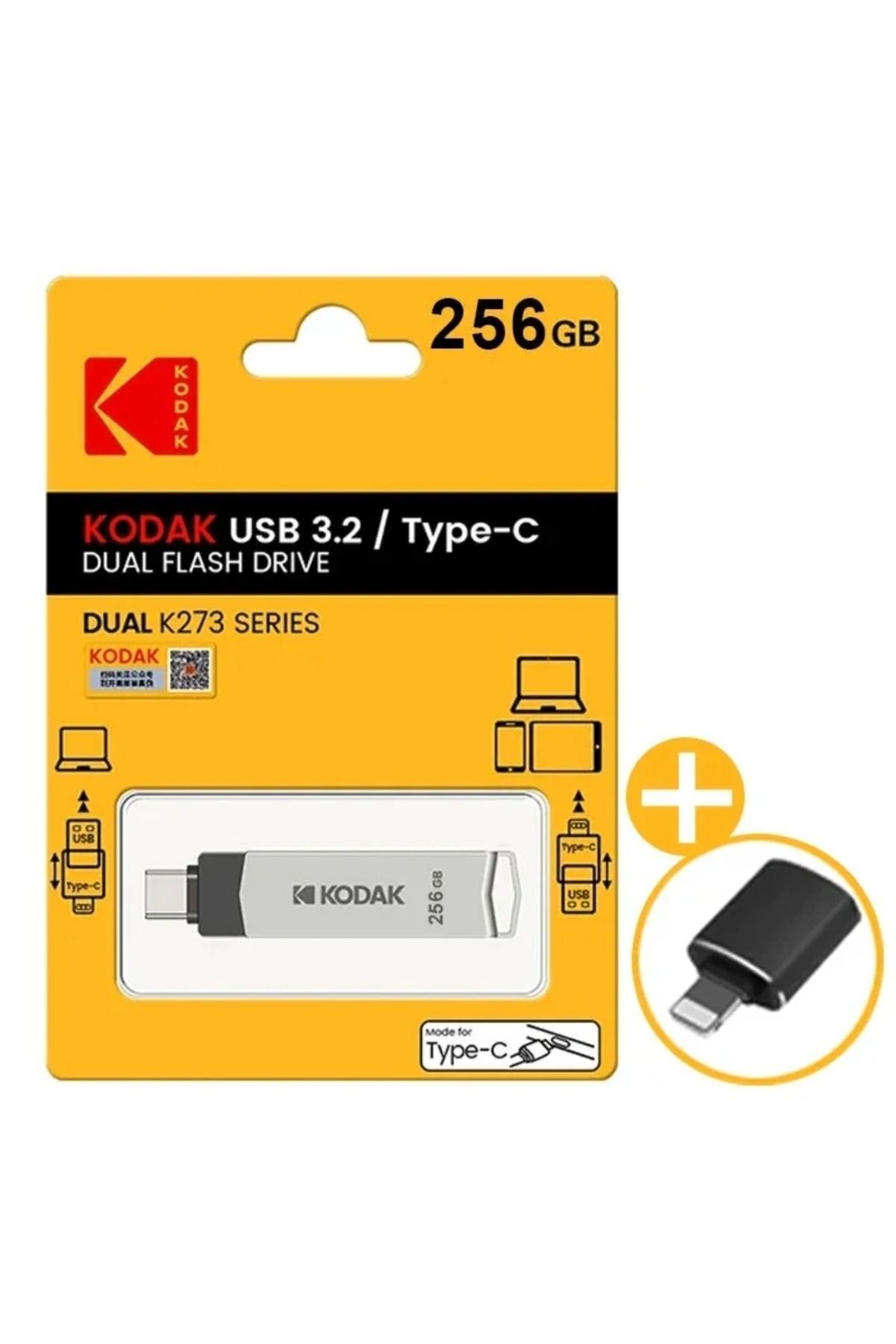 Kodak 256gb. K273 Type-c Ve Usb 3.2 Süper Hızlı Type-c Girişli Tüm Telefonlara Iphone Serisine Uygun