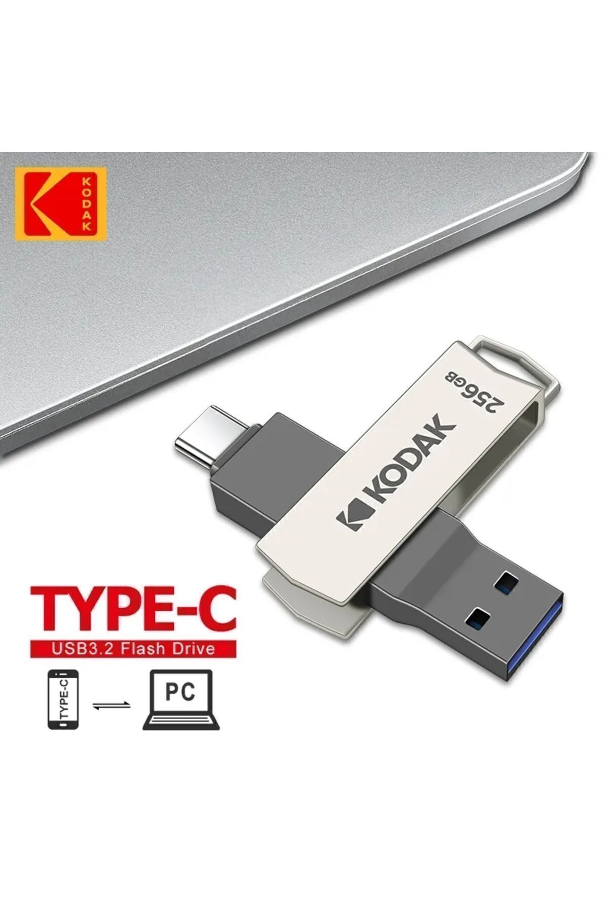 Kodak 256gb. K273 Type-c Ve Usb 3.2 Süper Hızlı Type-c Girişli Tüm Telefonlara Iphone Serisine Uygun