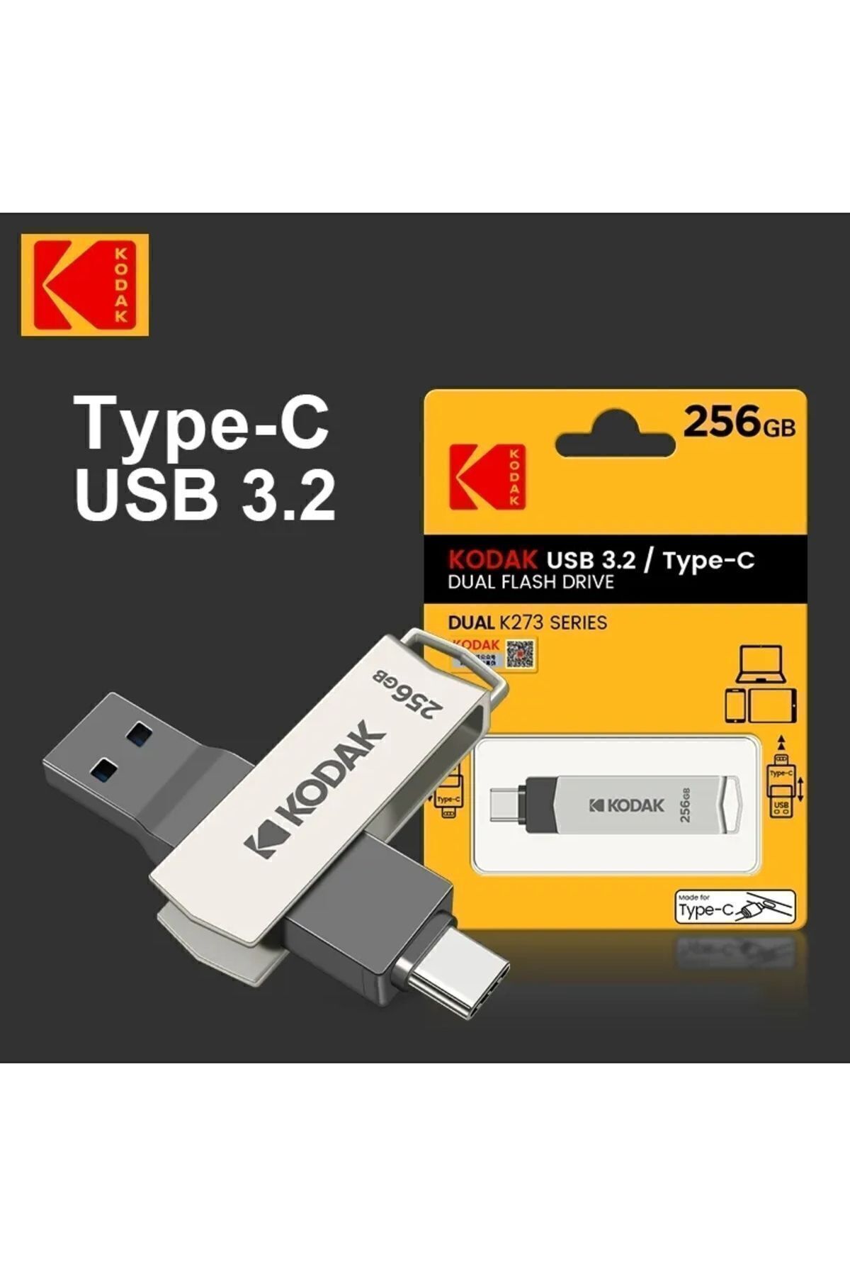 Kodak 256gb. K273 Type-c Ve Usb 3.2 Süper Hızlı Type-c Girişli Tüm Telefonlara Iphone Serisine Uygun