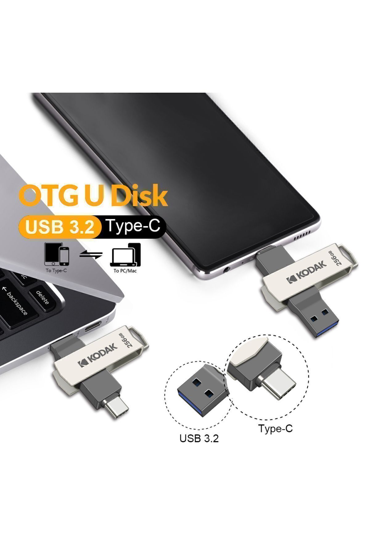 Kodak 256gb. K273 Type-c Ve Usb 3.2 Süper Hızlı Type-c Girişli Tüm Telefonlara Iphone Serisine Uygun