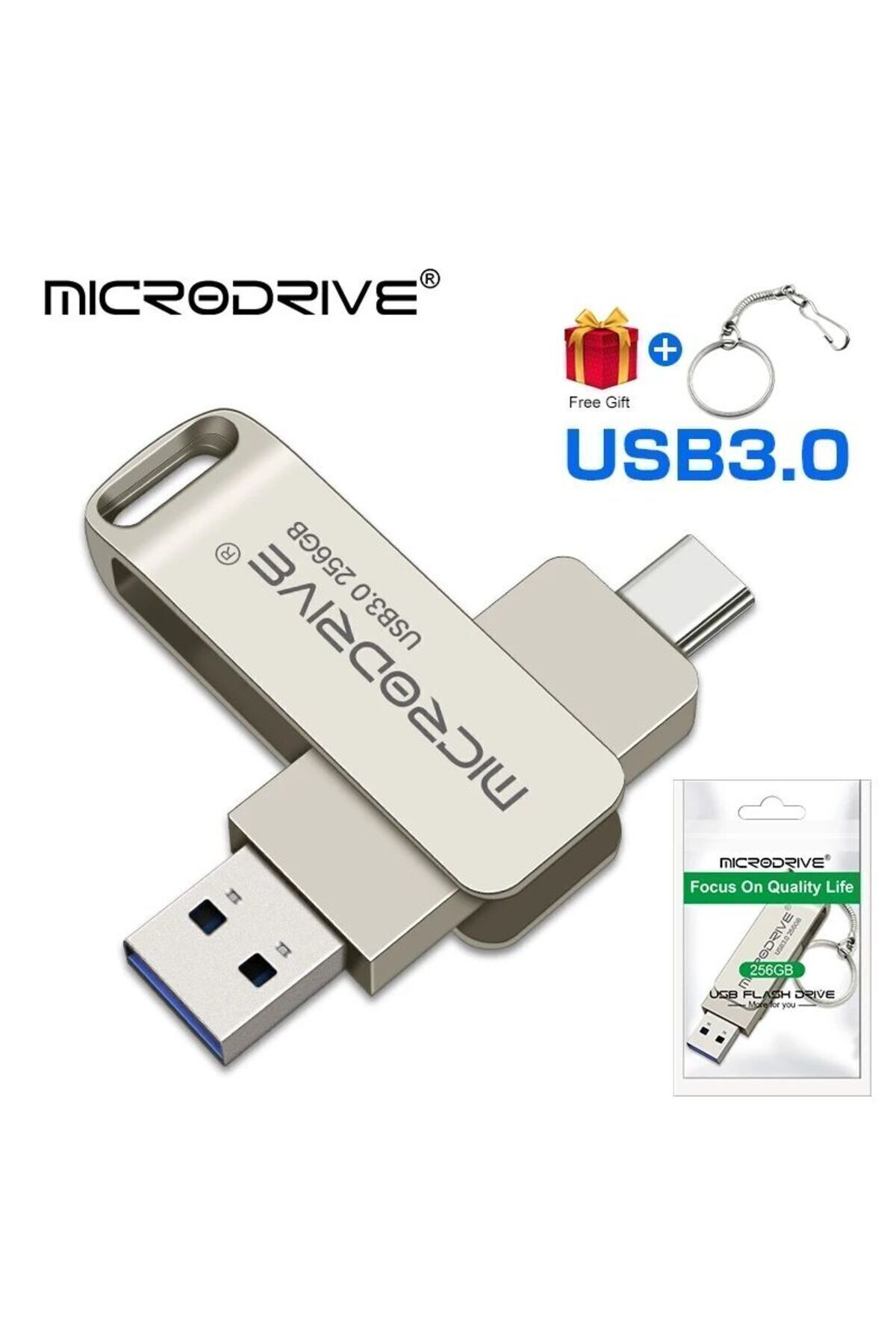 MicroDrive 256GB. Type-C ve Usb 3.0 Çift Girişli Otg Metal Sağlam Orginal