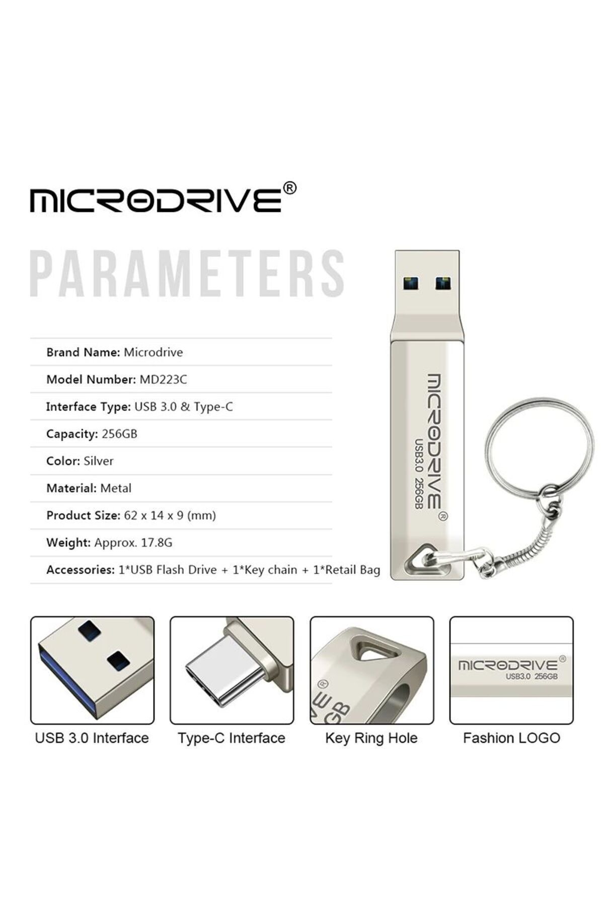 MicroDrive 256GB. Type-C ve Usb 3.0 Çift Girişli Otg Metal Sağlam Orginal