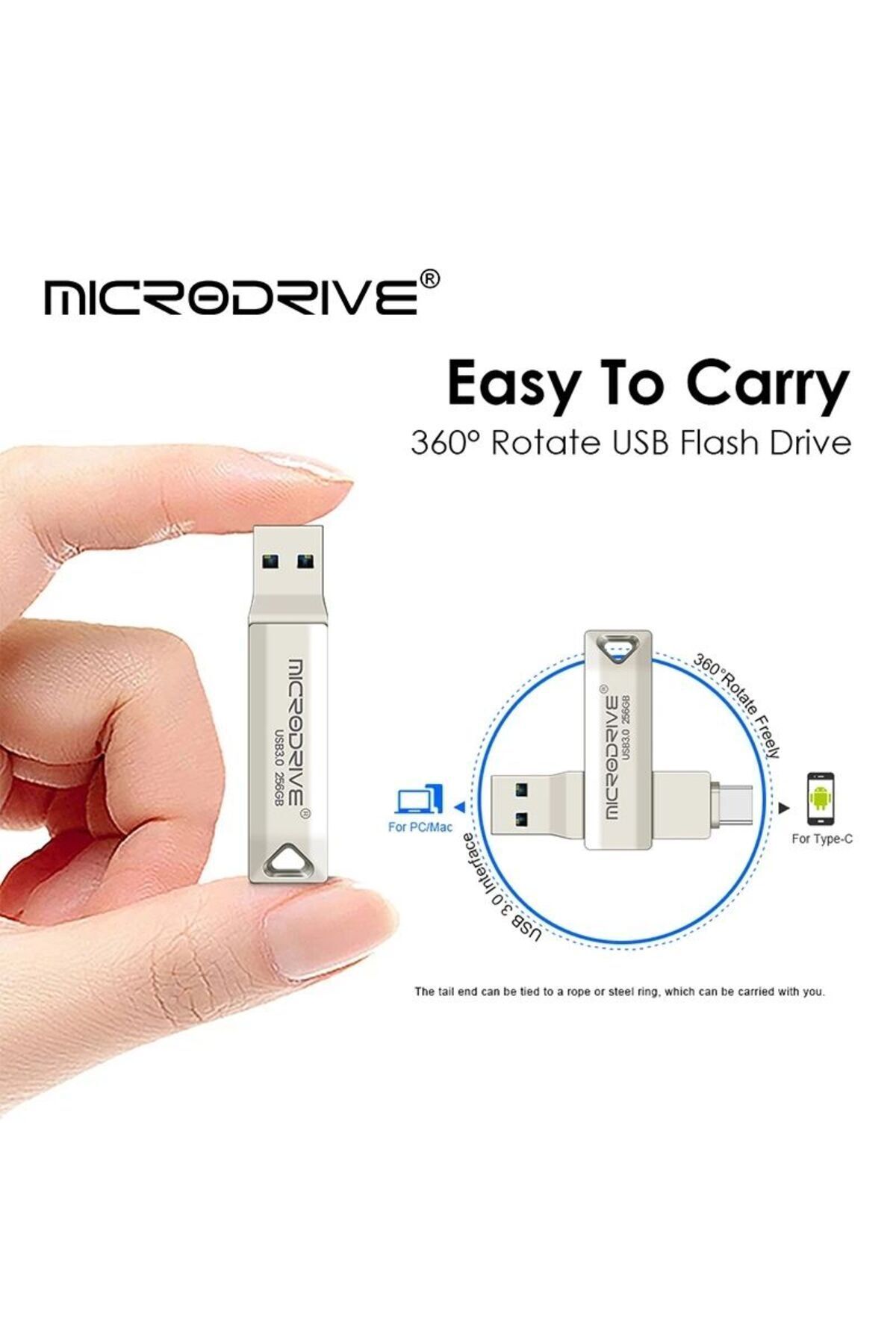 MicroDrive 256GB. Type-C ve Usb 3.0 Çift Girişli Otg Metal Sağlam Orginal