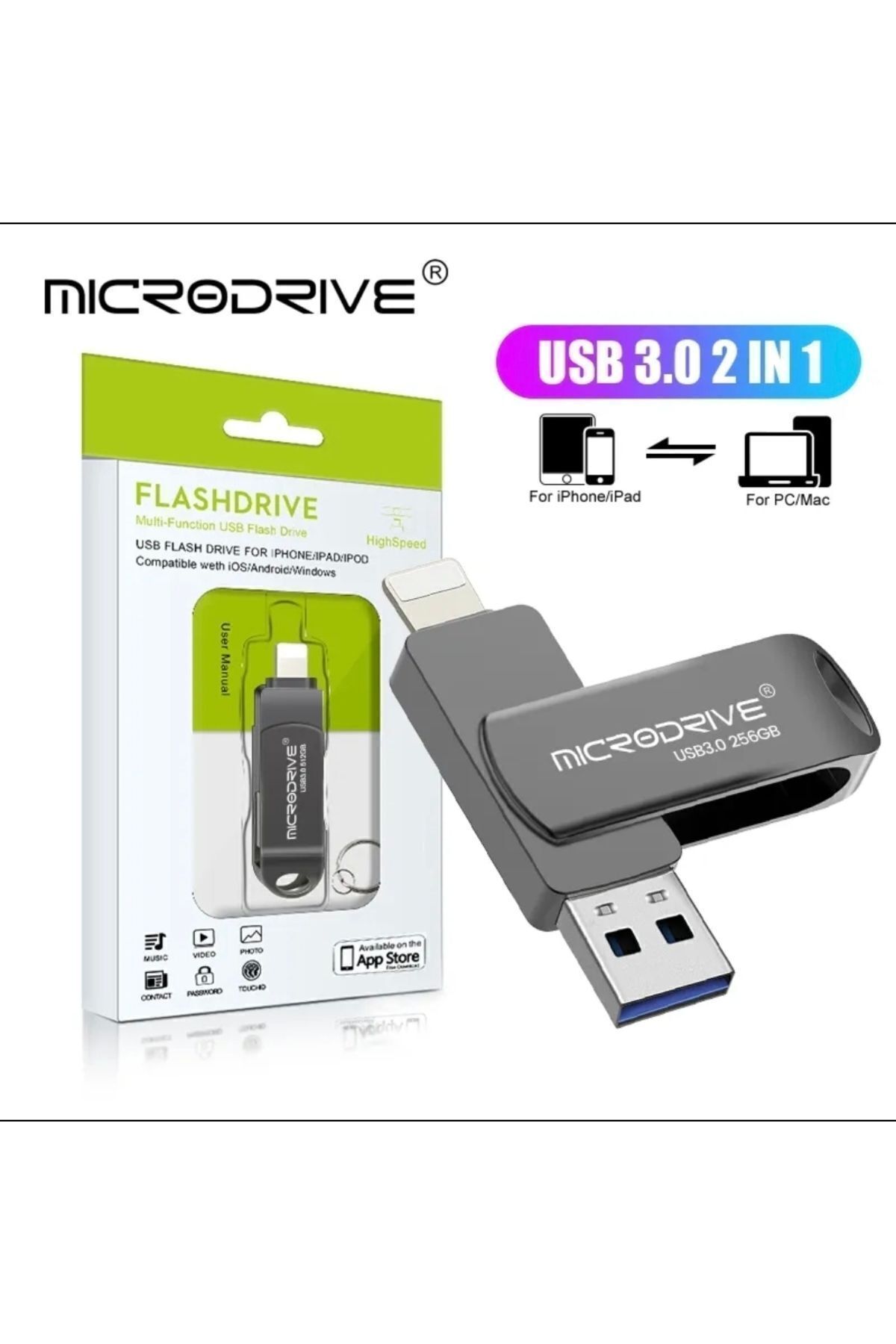 MicroDrive 256gb.iphone Lightning Ve Usb 3.0 Usb Flash Bellek Otg Çift Giriş Sağlam Metal