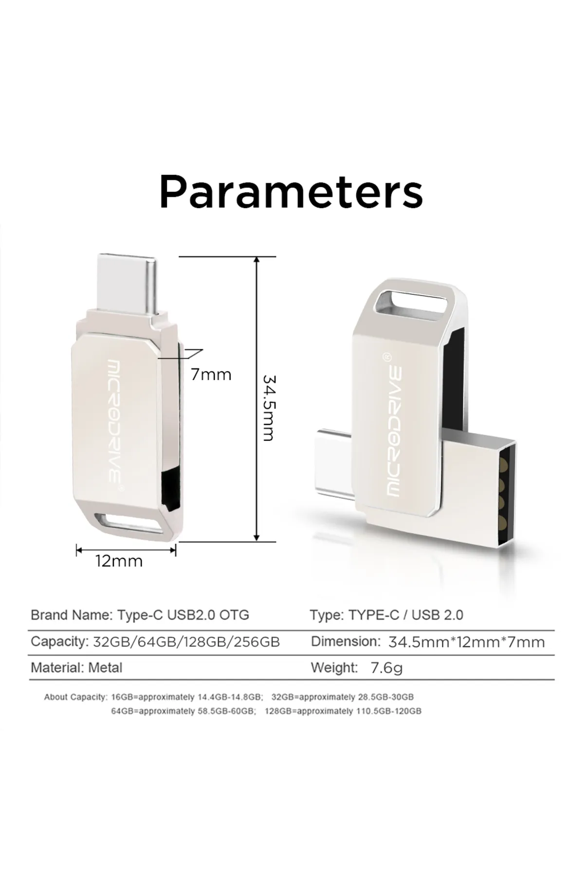 MicroDrive 256Gb.Type-C ve Usb 2.0 Usb Flash Bellek Çift Giriş Otg Metal Sağlam