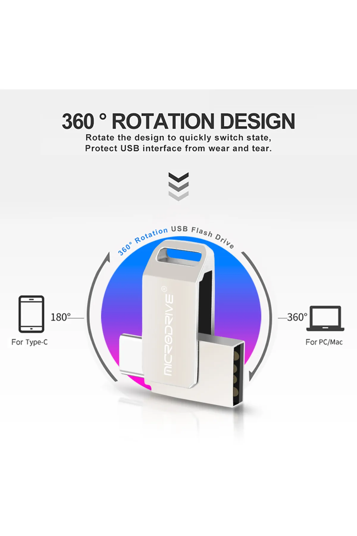 MicroDrive 256Gb.Type-C ve Usb 2.0 Usb Flash Bellek Çift Giriş Otg Metal Sağlam