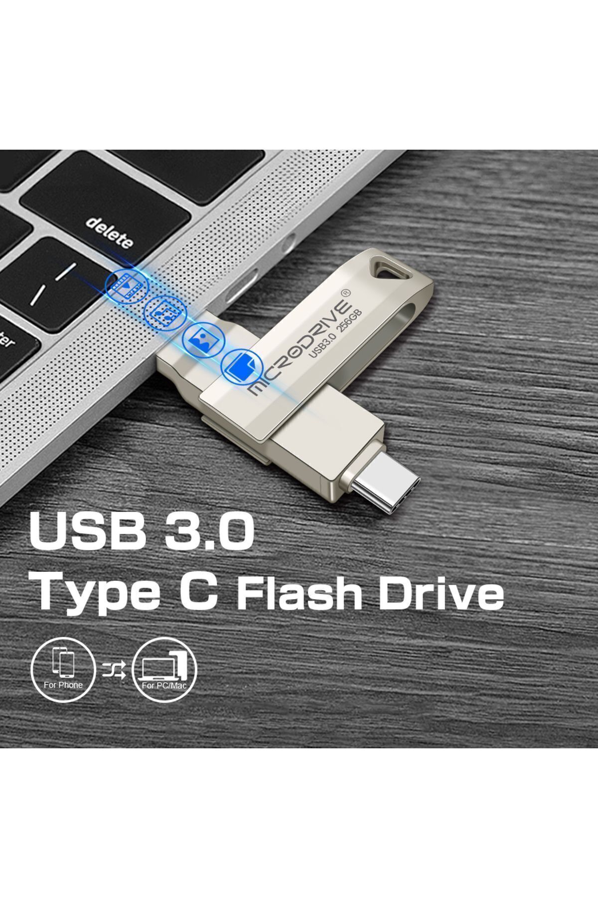 MicroDrive 256gb.type-c Ve Usb 3.0 Hızlı Usb Flash Bellek Otg Çift Girişli Metal Sağlam 256gb