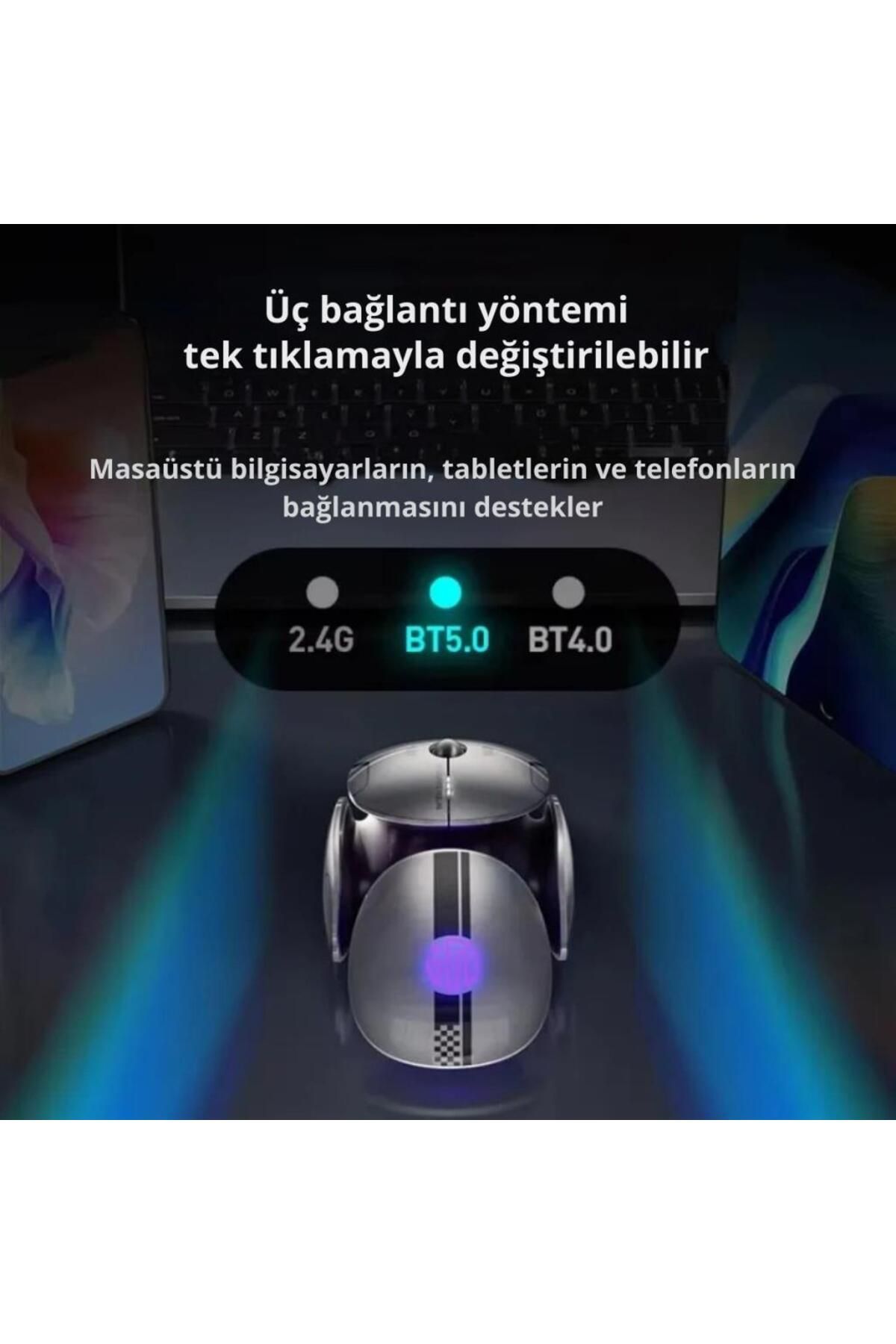 Polham 3 Modlu 300Mah Şarj Edilebilir RGB Işıklı 2400DRI Gaming Mouse, Ultra Sessiz,Gecikmesiz Mouse