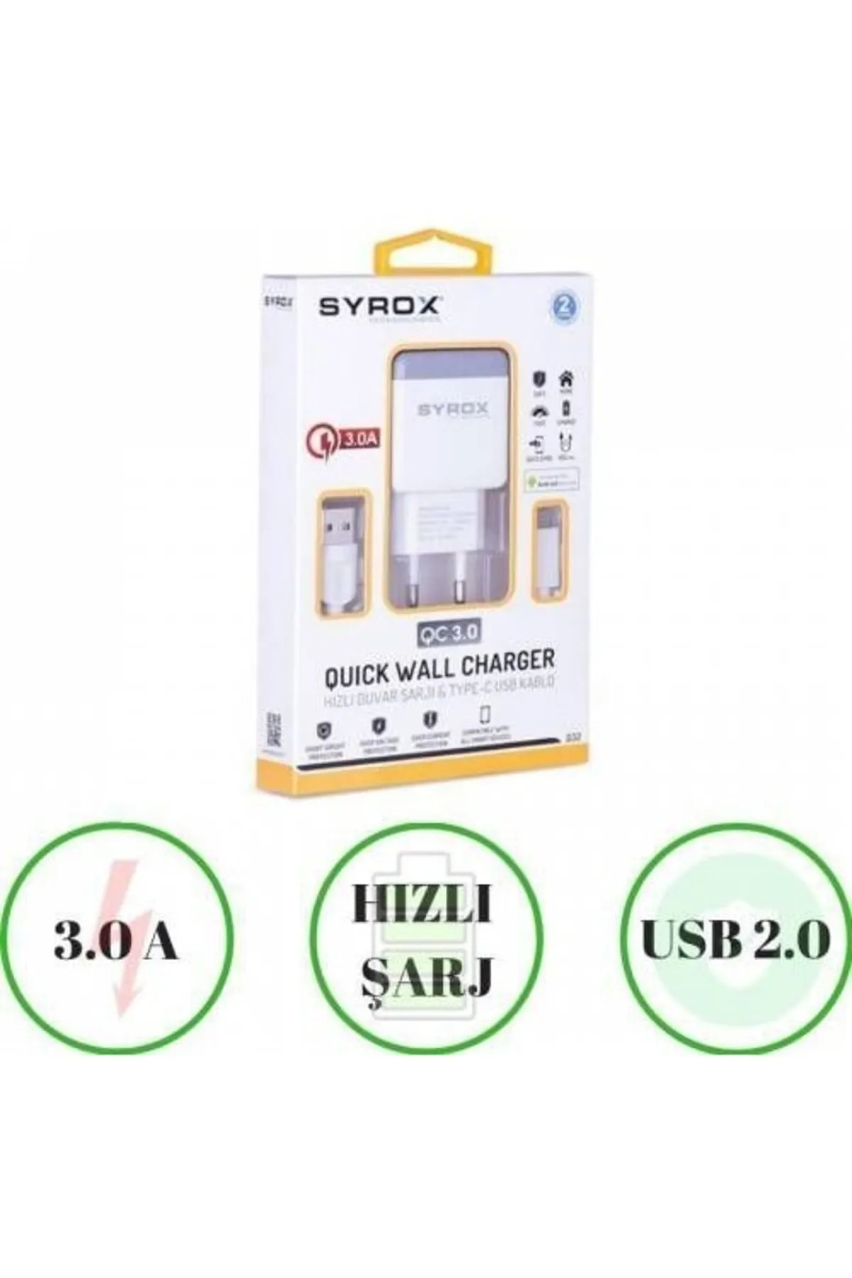 Syrox 3.0a Şarj Hızlı Telefon Şarj Cihazı Data Kablosu Q32 Typec Şarjı Orijinal Kablo Duvar Adaptörü