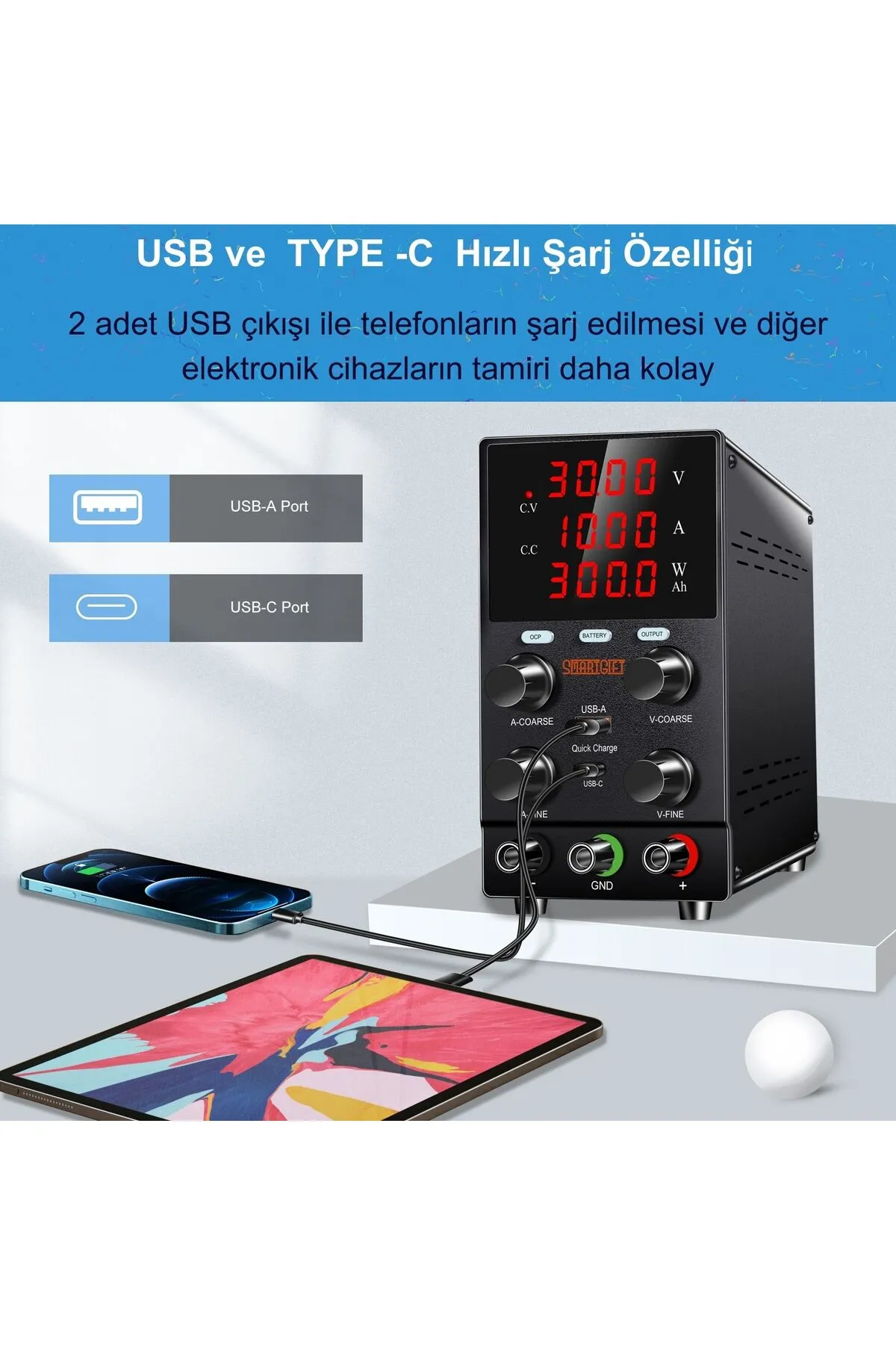 SMARTGIFT 30V/10A Ayarlanabilir Dc Güç Kaynağı Voltaj Regülatörü Şarj Fonksiyonlu (SİYAH)