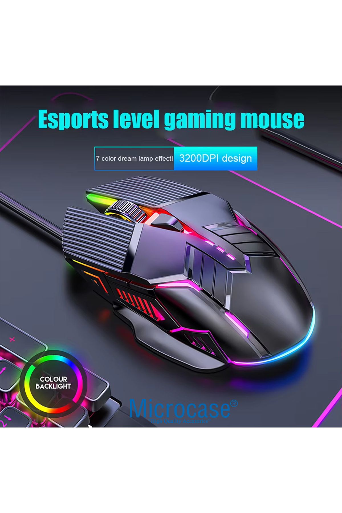 Microcase 3200 DPI Ergonomik Sessiz Kablolu RGB Işıklı Gaming Oyuncu Mouse