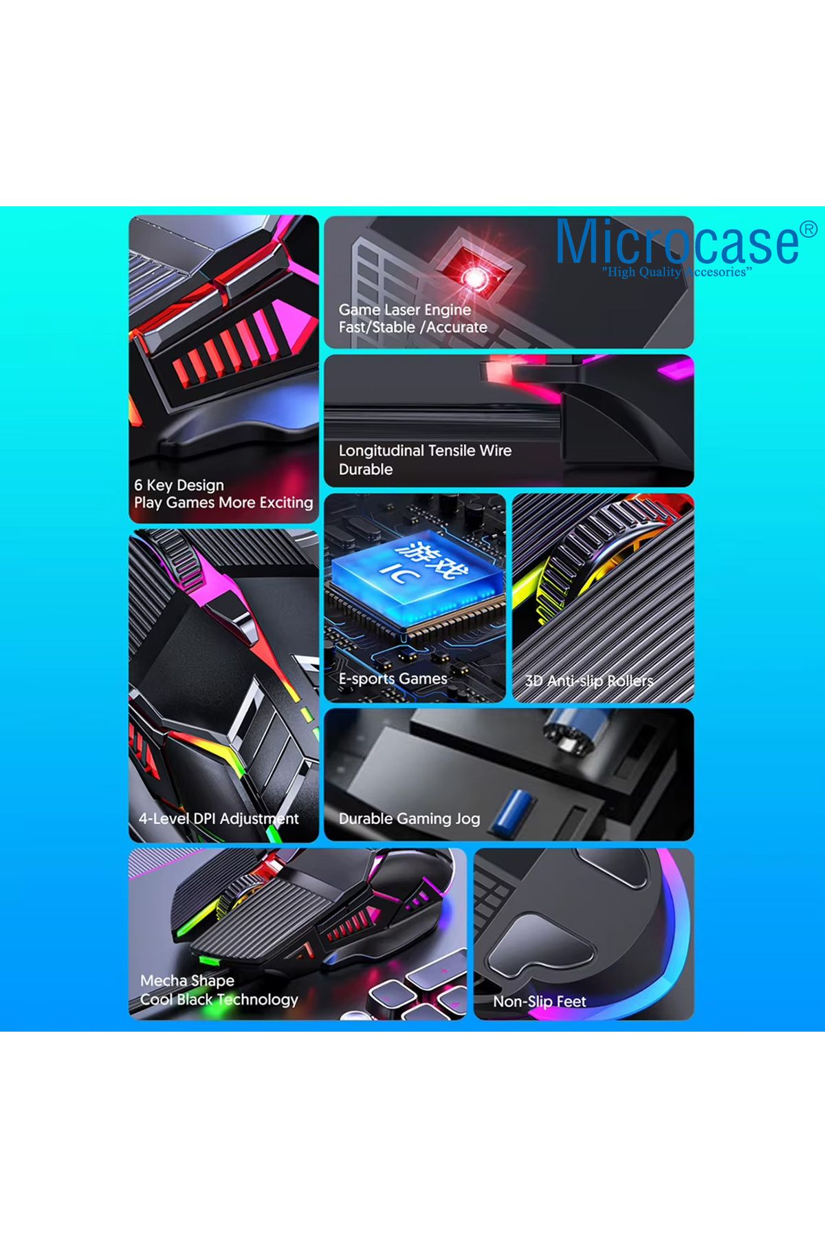 Microcase 3200 DPI Ergonomik Sessiz Kablolu RGB Işıklı Gaming Oyuncu Mouse