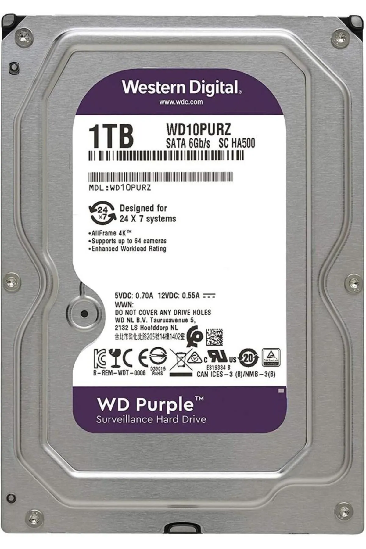 WD 3,5" 1tb 5400rpm Sata3 64mb 10purz Güvenlik Purple 7x24 Çalışabilme