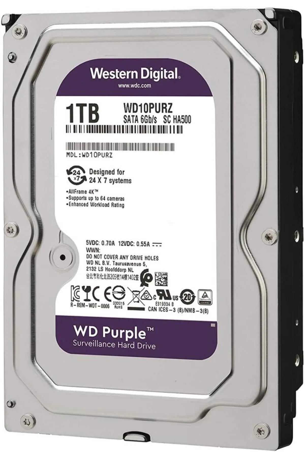 WD 3,5" 1tb 5400rpm Sata3 64mb 10purz Güvenlik Purple 7x24 Çalışabilme