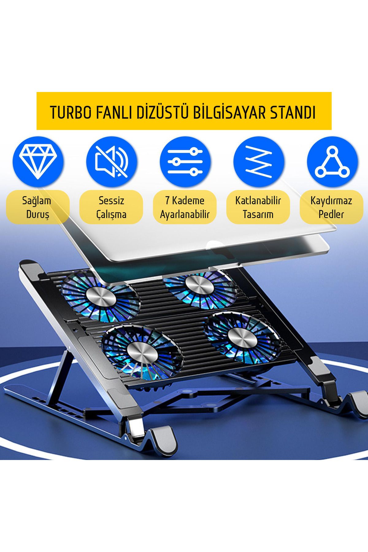 UpWay 3600RPM 4 Turbo Fanlı 7 Kademe Yükseklik Ayarlı Led Işıklı Katlanabilir Dizüstü Laptop Standı