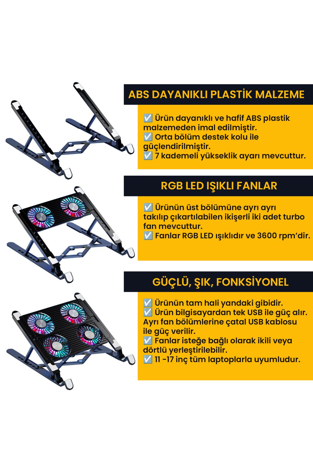 UpWay 3600RPM 4 Turbo Fanlı 7 Kademe Yükseklik Ayarlı Led Işıklı Katlanabilir Dizüstü Laptop Standı