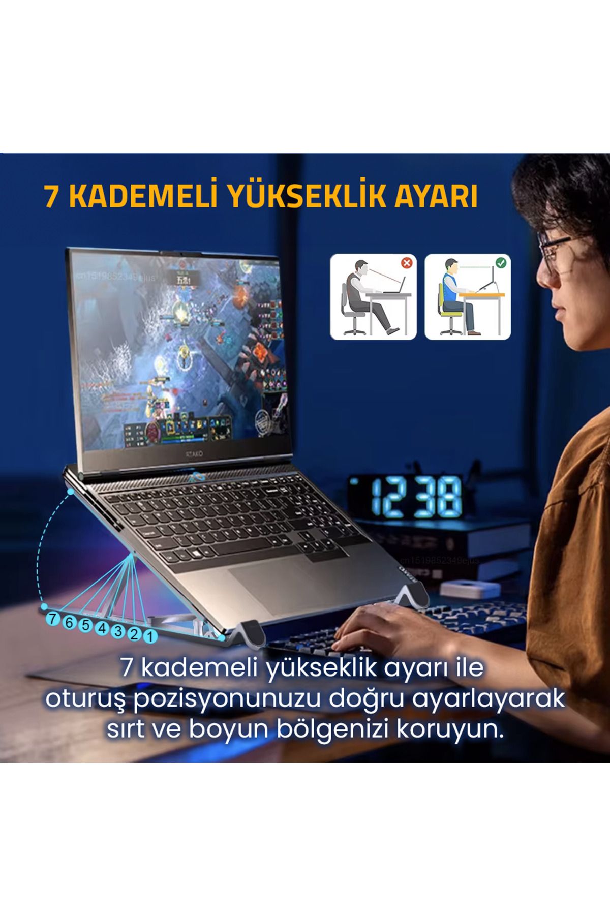 UpWay 3600RPM 4 Turbo Fanlı 7 Kademe Yükseklik Ayarlı Led Işıklı Katlanabilir Dizüstü Laptop Standı