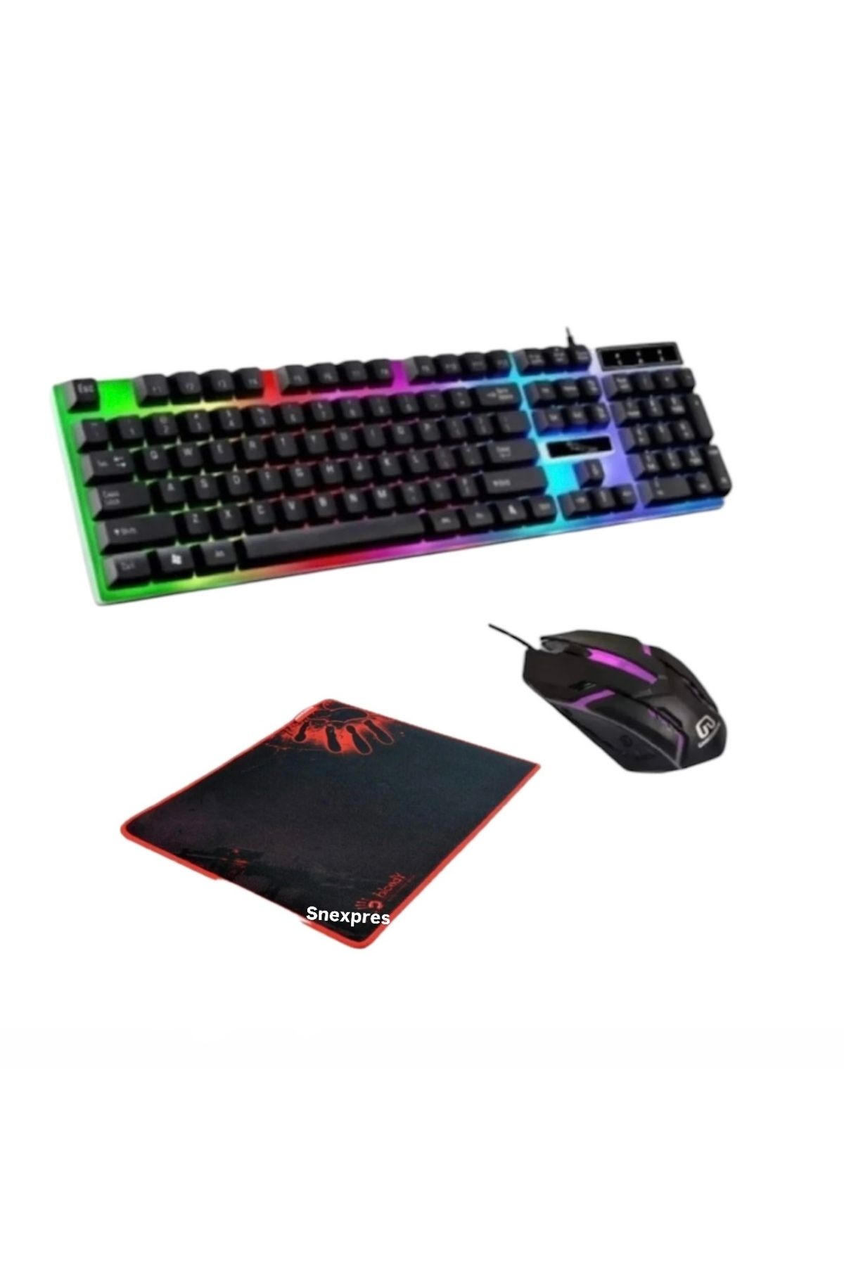 SNEXPRES 3in1 Klavye Mouse Mause Pad Kablolu Rgb Aydınlatmalı Set Gamer Pc Oyun Seti Klavye Blo