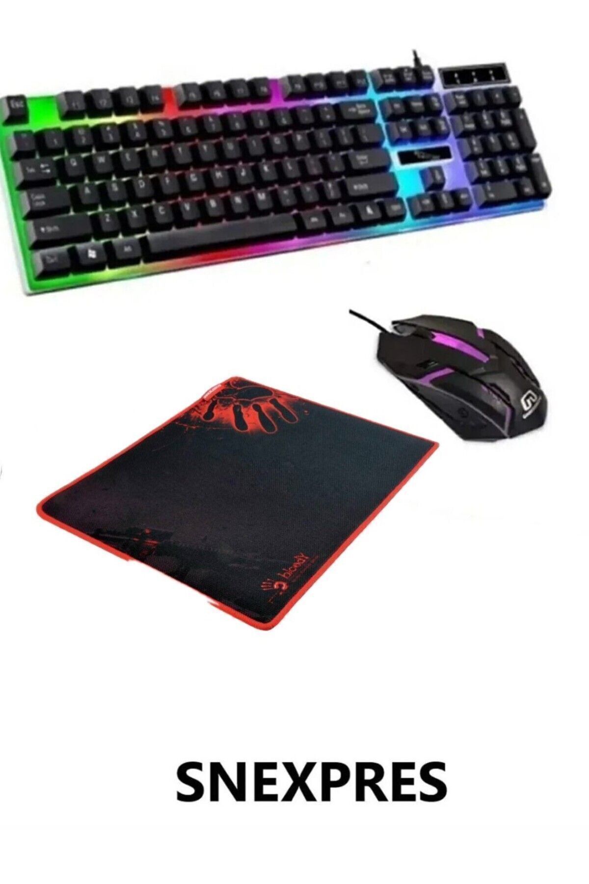 SNEXPRES 3in1 Klavye Mouse Mause Pad Kablolu Rgb Aydınlatmalı Set Gamer Pc Oyun Seti Klavye Blo