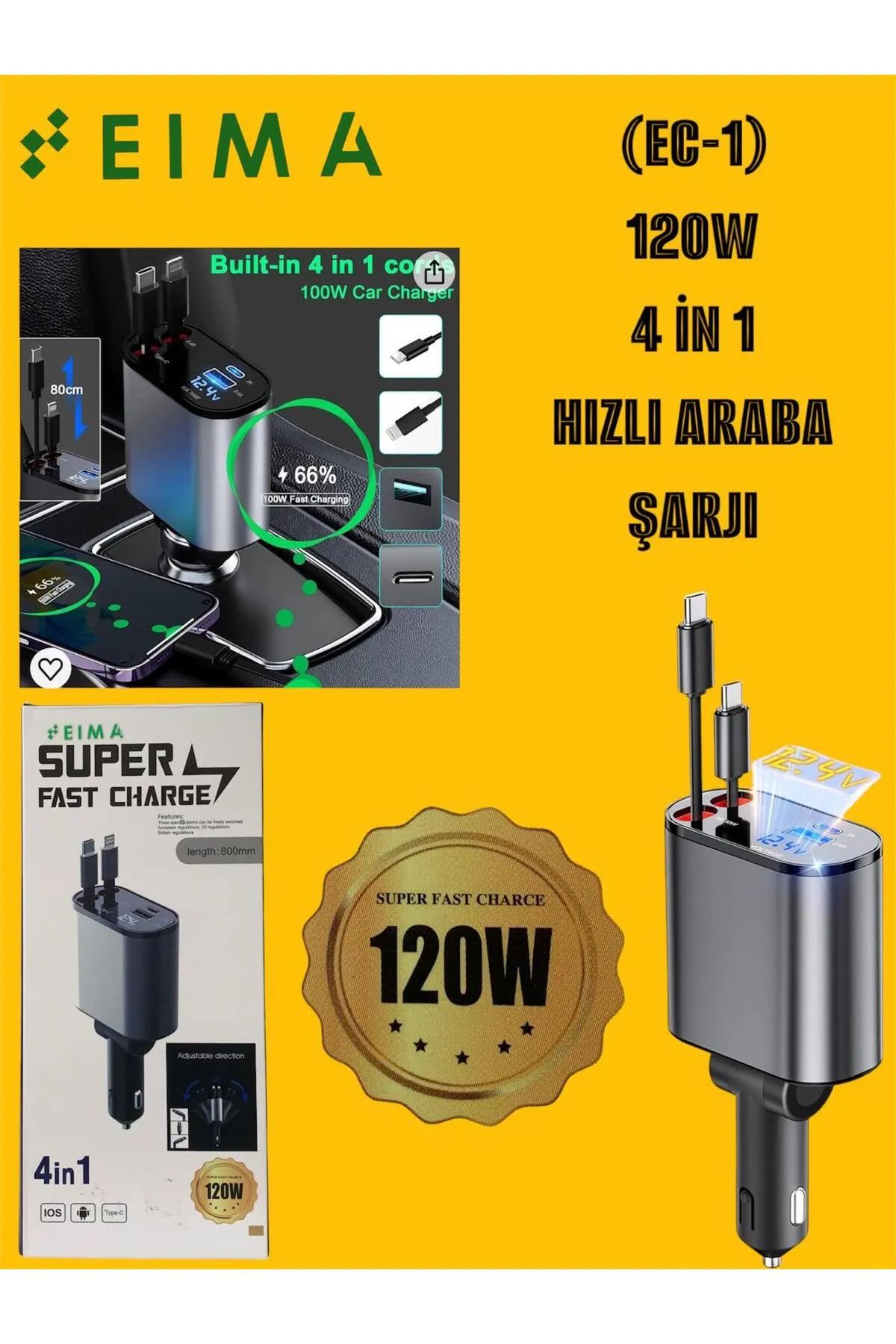 ROTECH 4'ü 1 Arada Araç Şarj Cihazı,çift Geri Çekilebilir Kablo Çift Bağlantı Noktalı 120W 12-24V Araba