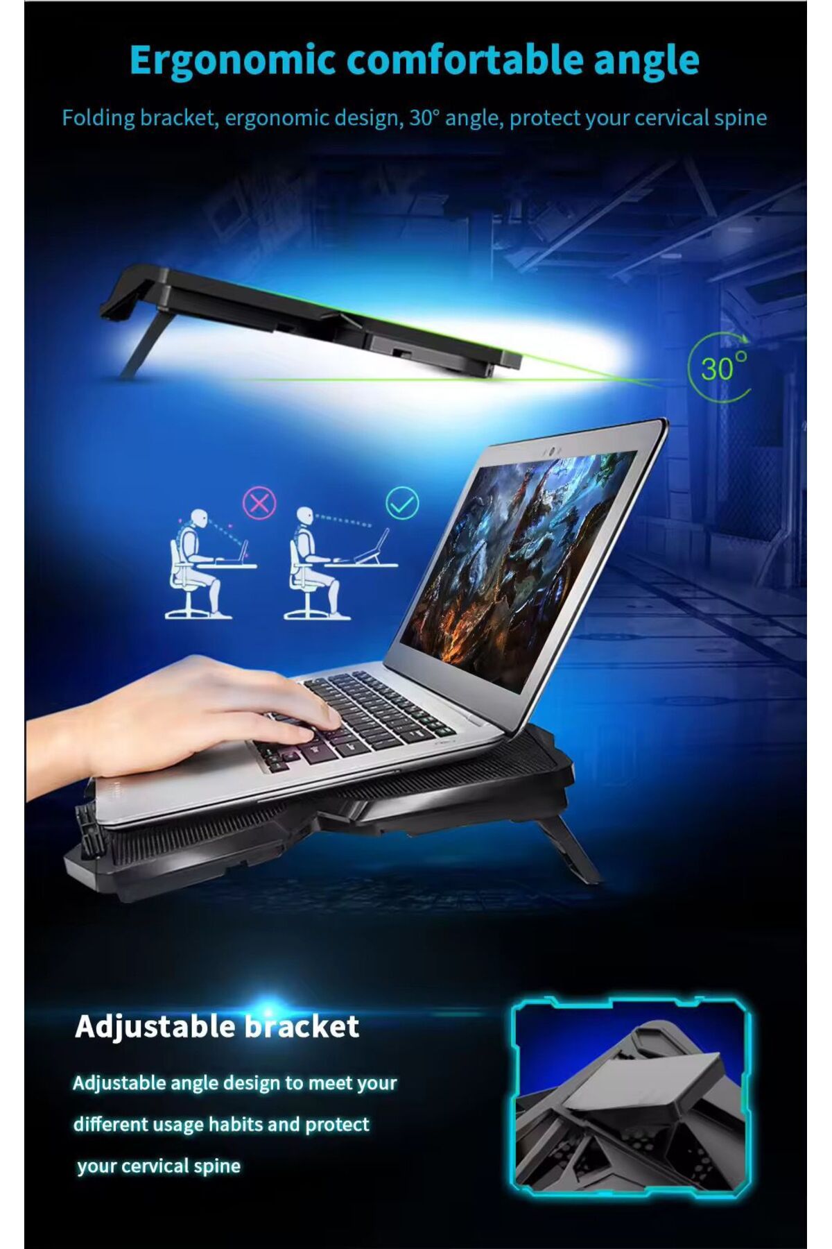 RabbitTech 4 Fanlı Notebook Soğutucu Mavi Led Işıklı Yükseklik Ayarlı Performanslı Laptop Soğutma