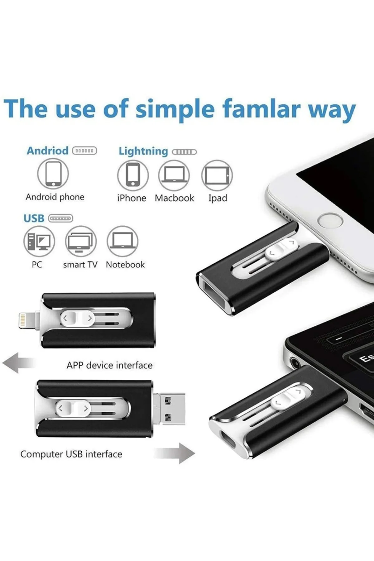 SYNOPE 4 In 1 Metal Usb Flash Sürücü 512 Gb Otg Sürücü Siyah Ios Uyumlu Type-c Adapter