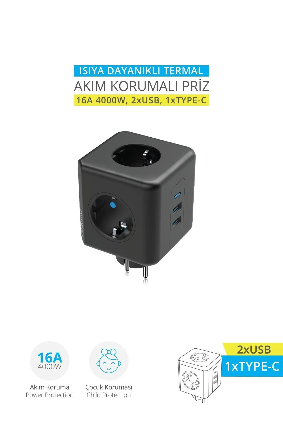 Piranha 45510 Akım Korumalı 3'lü Priz / 2 X USB - 1 X Type-C Girişli / Isıya Dayanıklı / Çocuk Koruması