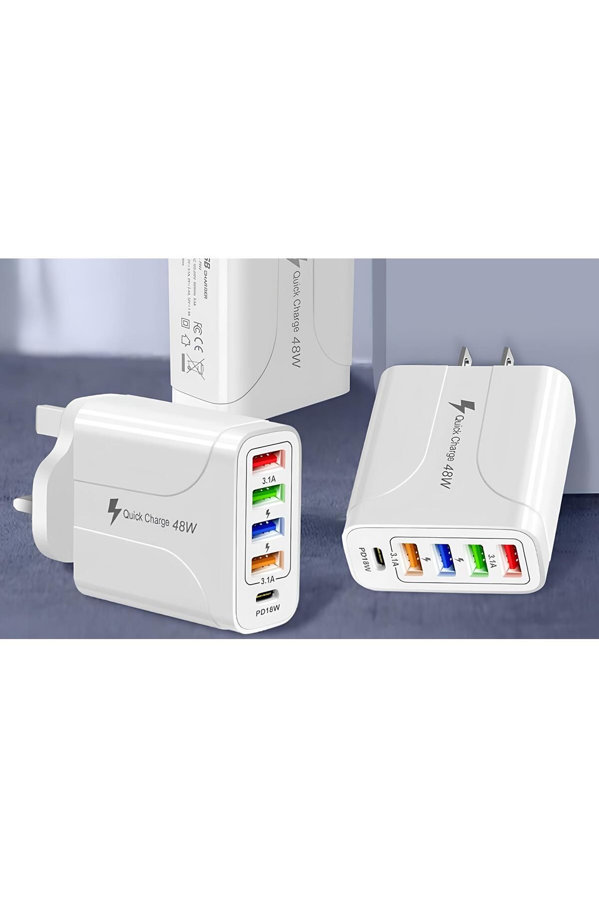 Fillikutum 48 Watt 5 Port 3.1A Güç Adaptörü 4 Port USB + 1 PD 18W Type-C Şarj Toplam 5 Port Akıllı Priz